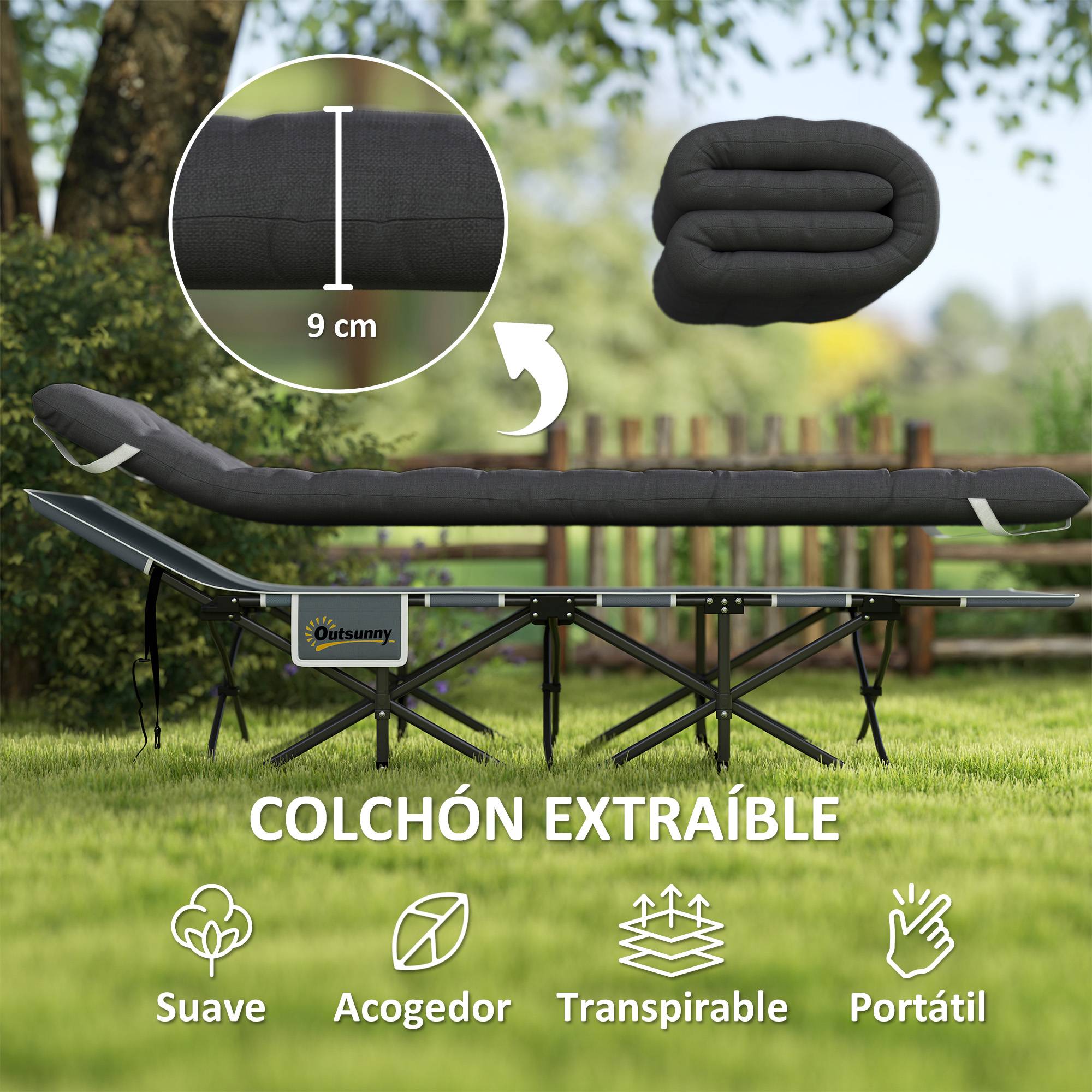 Lit de camping pliant avec matelas amovible, appui-tête et sac de transport 186 x 68 x 37 cm Noir - Image 6