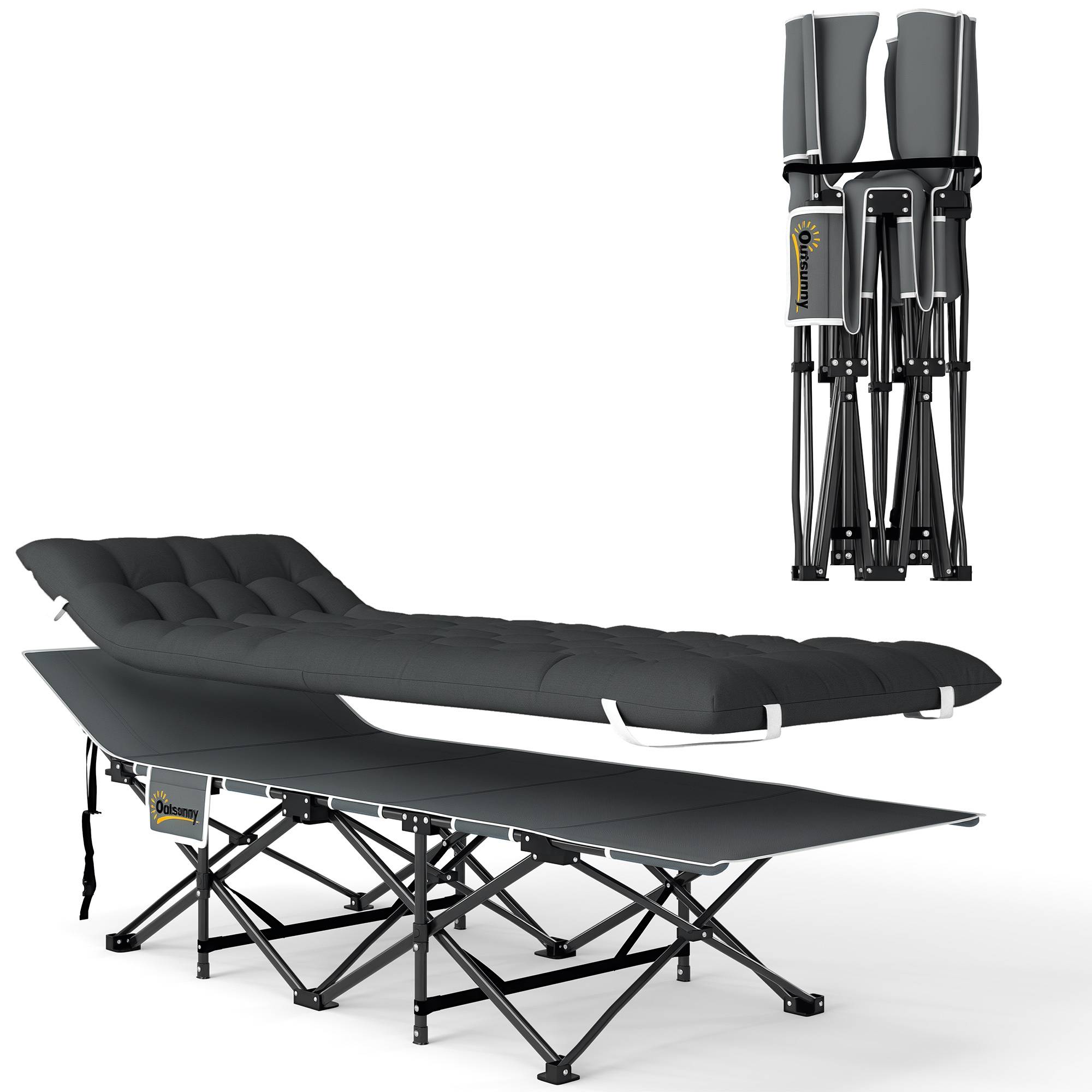 Lit de camping pliant avec matelas amovible, appui-tête et sac de transport 186 x 68 x 37 cm Noir - Image 1