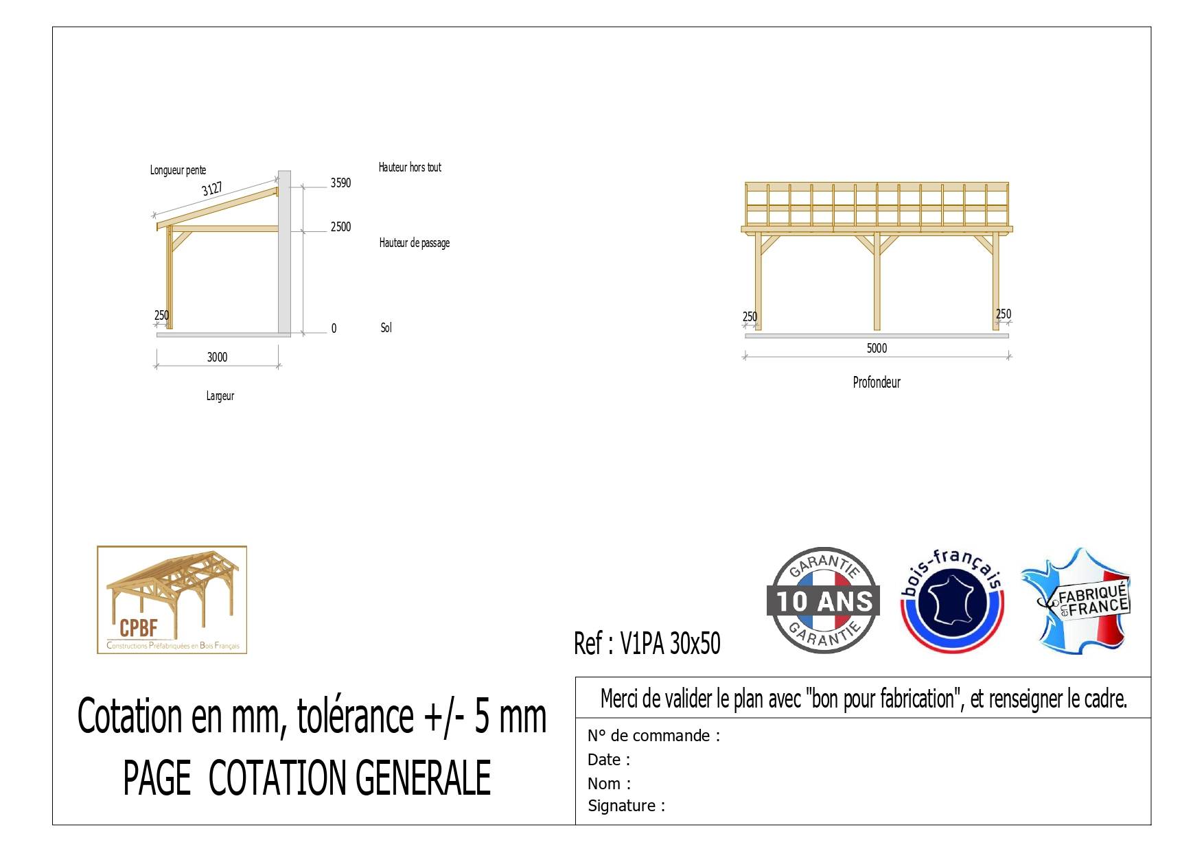 Carport adossé une pente 300cmx500cm, bois DOUGLAS Français (Charpente en bois-auvent-abri voiture) 18 m². Garantie 10 ans - Imagen 2
