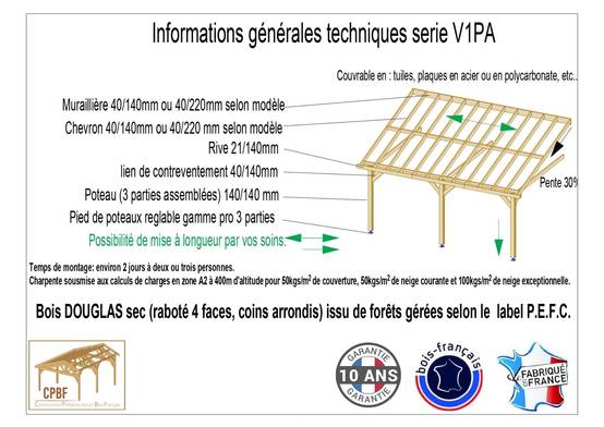 Carport adossé une pente 300cmx500cm, bois DOUGLAS Français (Charpente en bois-auvent-abri voiture) 18 m². Garantie 10 ans - Image 3