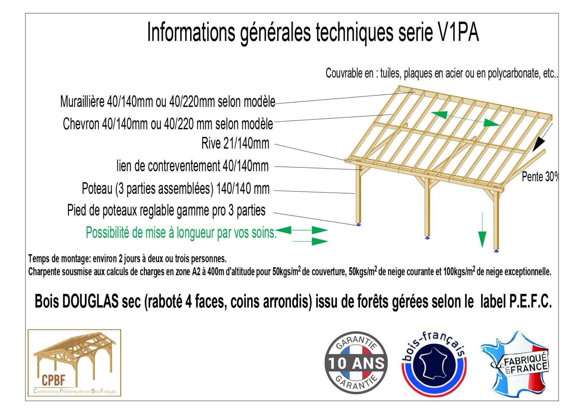 Carport adossé une pente 300cmx500cm, bois DOUGLAS Français (Charpente en bois-auvent-abri voiture) 18 m². Garantie 10 ans - Imagen 3