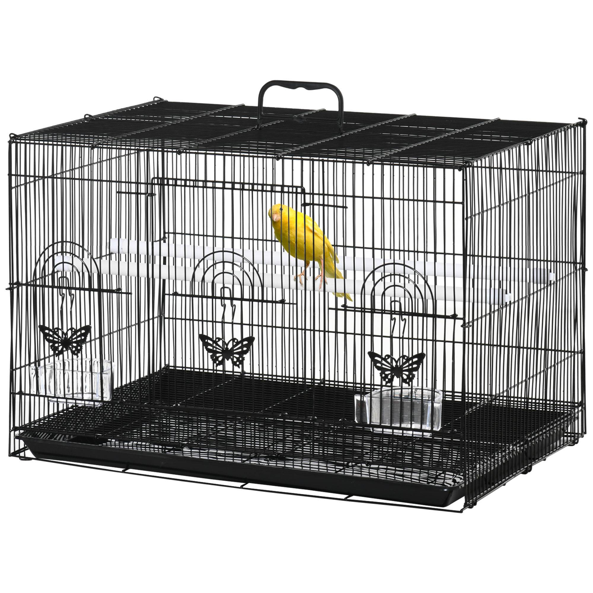 Sans Marque - Volière métallique 60 x 41 x 41 cm avec mangeoires, 2 perchoirs, 3 portes et poignée de transport pour petits oiseaux, canaris et perruches - Noire - Image 2