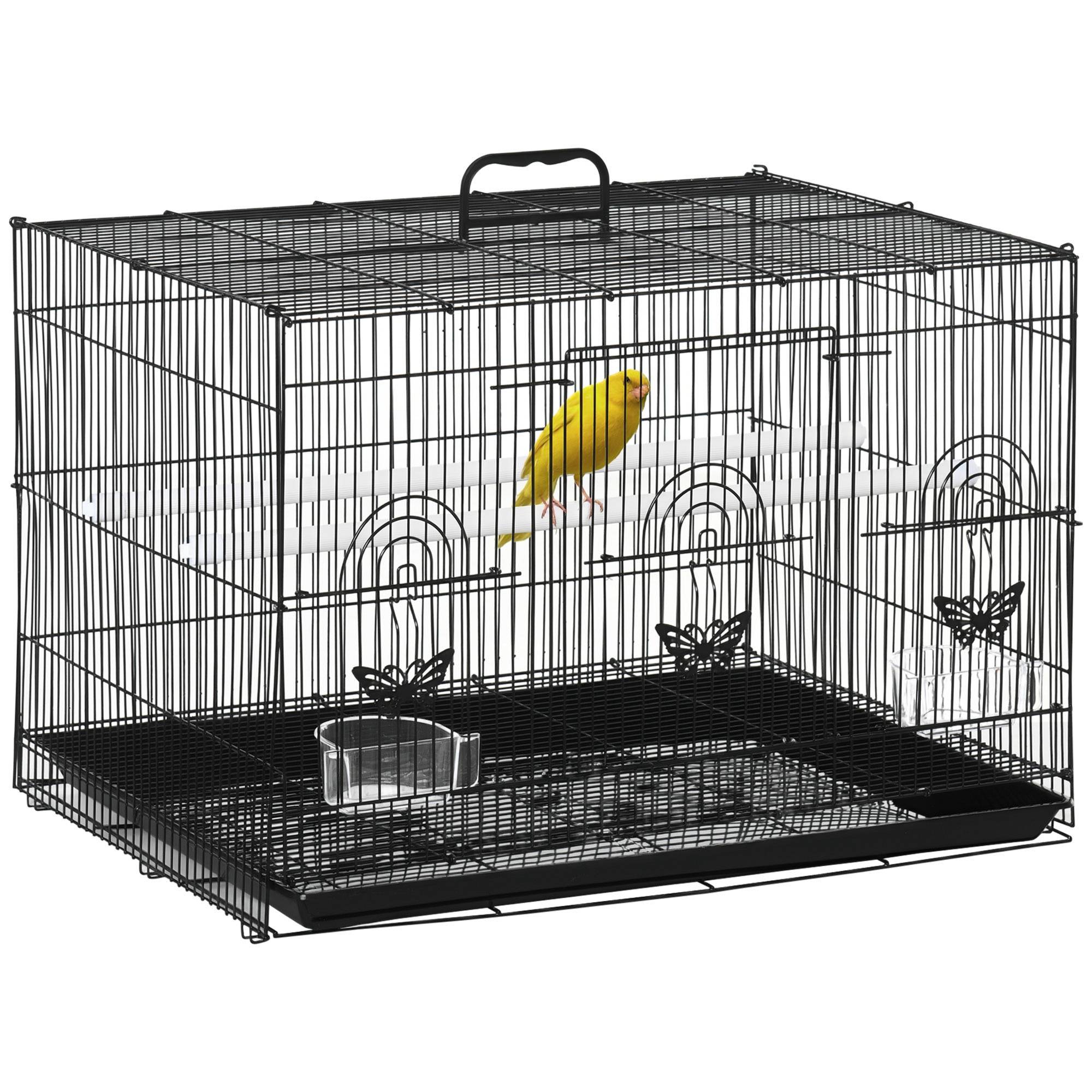 Sans Marque - Volière métallique 60 x 41 x 41 cm avec mangeoires, 2 perchoirs, 3 portes et poignée de transport pour petits oiseaux, canaris et perruches - Noire
