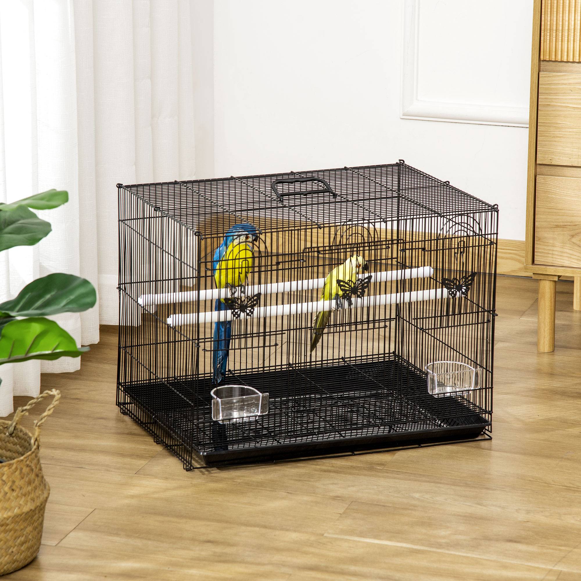 Sans Marque - Volière métallique 60 x 41 x 41 cm avec mangeoires, 2 perchoirs, 3 portes et poignée de transport pour petits oiseaux, canaris et perruches - Noire - Image 3