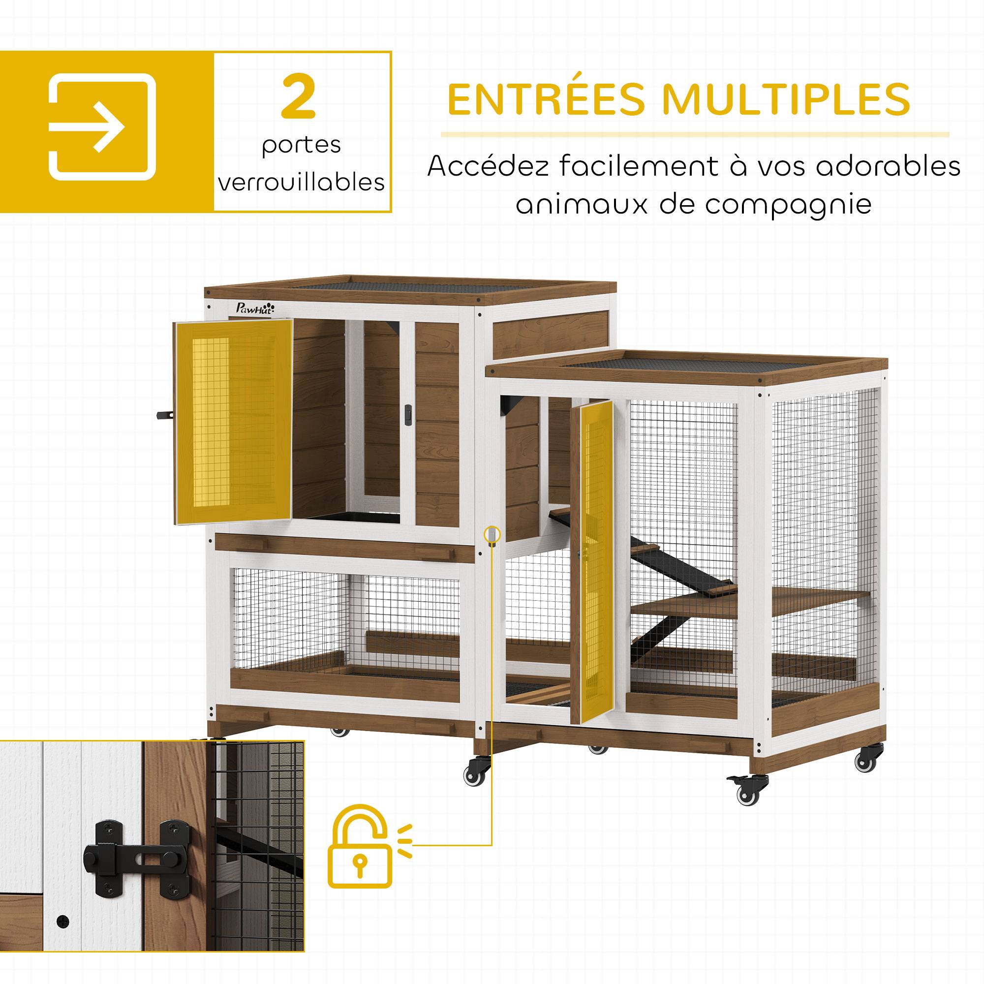 Clapier lapin intérieur cage lapin en bois design de luxe 3 niveaux avec 3 plateaux amovibles 110 x 50 x 86 cm marron - Image 7