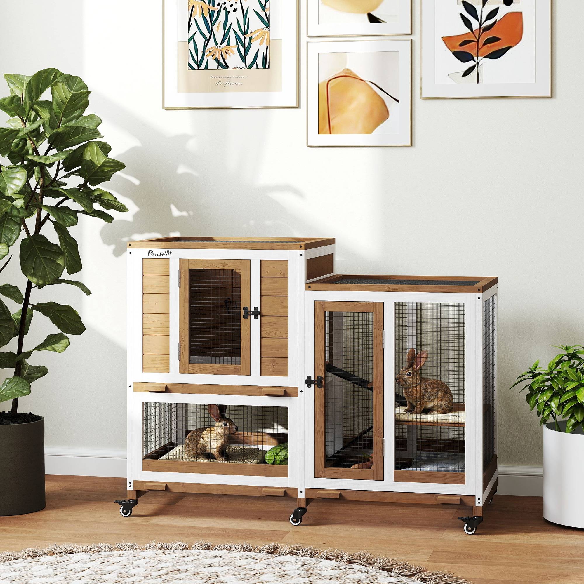 Clapier lapin intérieur cage lapin en bois design de luxe 3 niveaux avec 3 plateaux amovibles 110 x 50 x 86 cm marron - Image 9