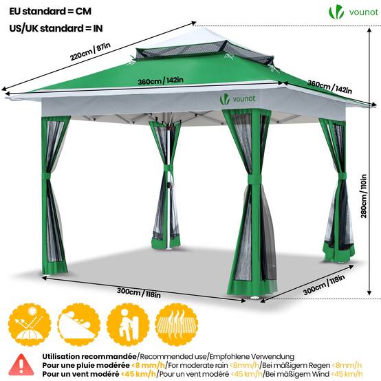 Vounot - VOUNOT® Tonnelle de jardin 3,6x3,6m pliable avec moustiquaire installation facile POP UP vert - Image 5