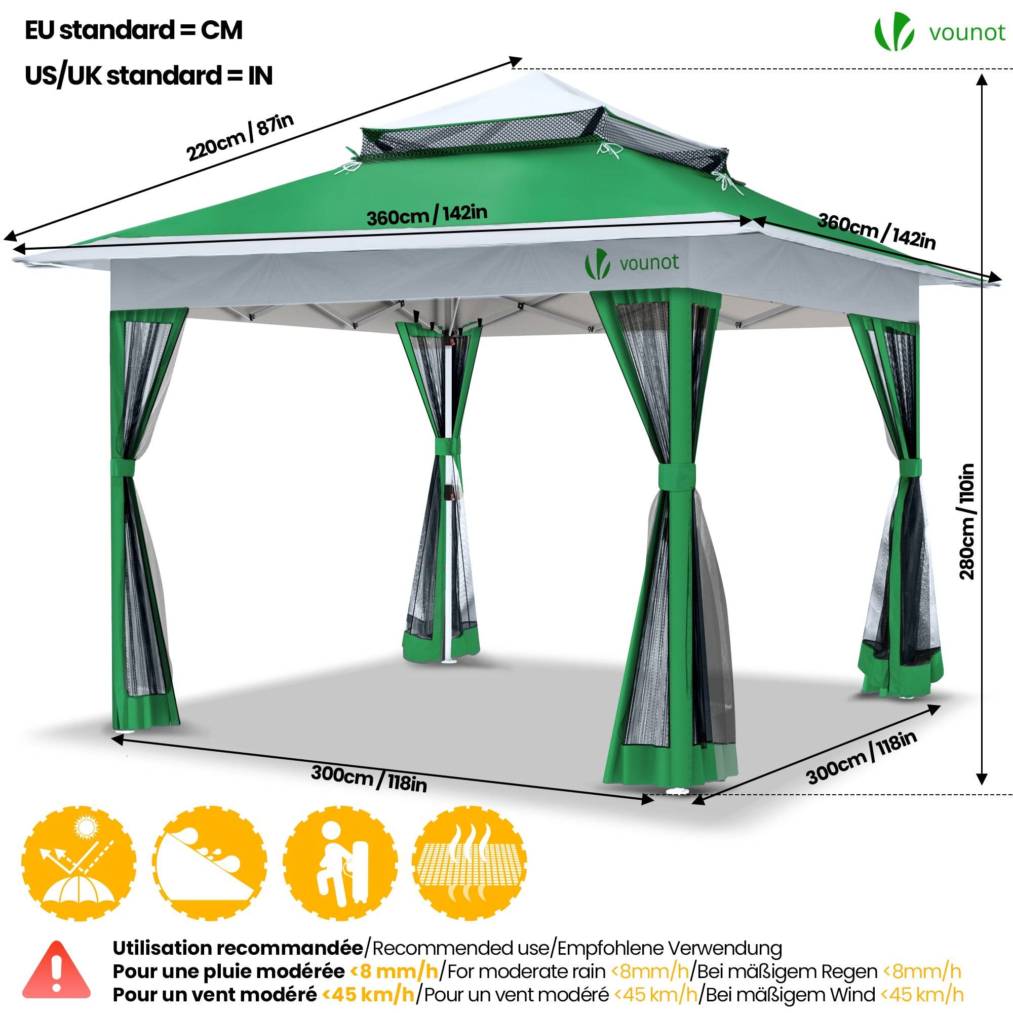Vounot - VOUNOT® Tonnelle de jardin 3,6x3,6m pliable avec moustiquaire installation facile POP UP vert - Image 5