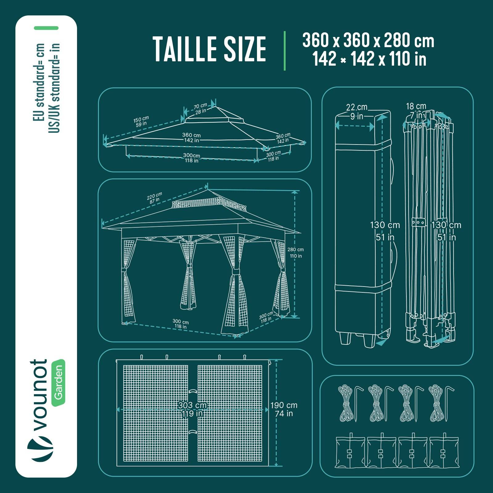 Vounot - VOUNOT® Tonnelle de jardin 3,6x3,6m pliable avec moustiquaire installation facile POP UP vert - Image 3