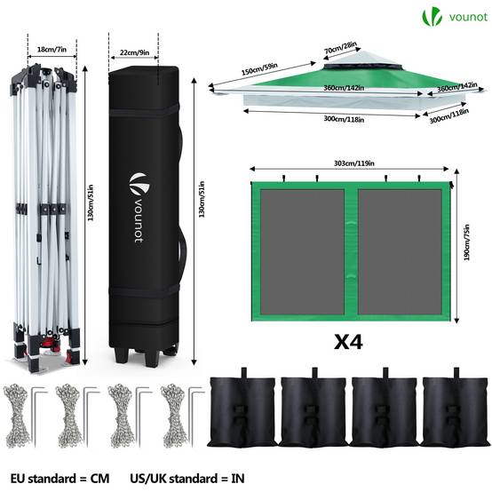 Vounot - VOUNOT® Tonnelle de jardin 3,6x3,6m pliable avec moustiquaire installation facile POP UP vert - Image 4
