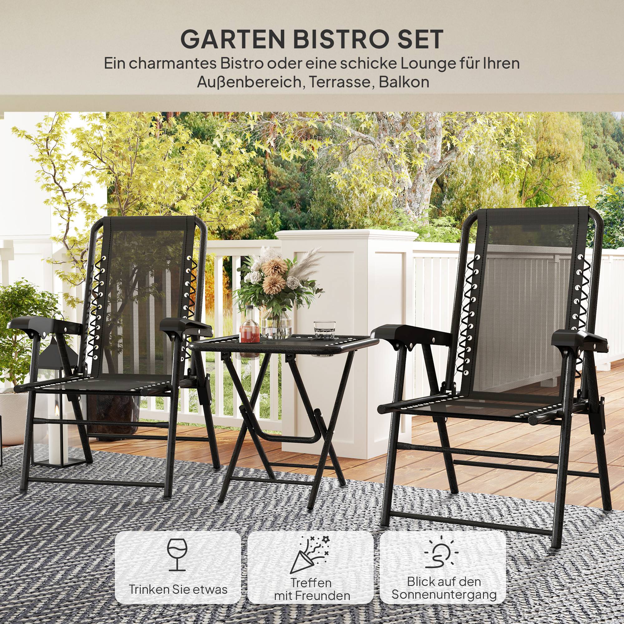Ensemble bistro 3 pièces acier : résistant, table pliante + porte-gobelet + chaises, noir - Image 4
