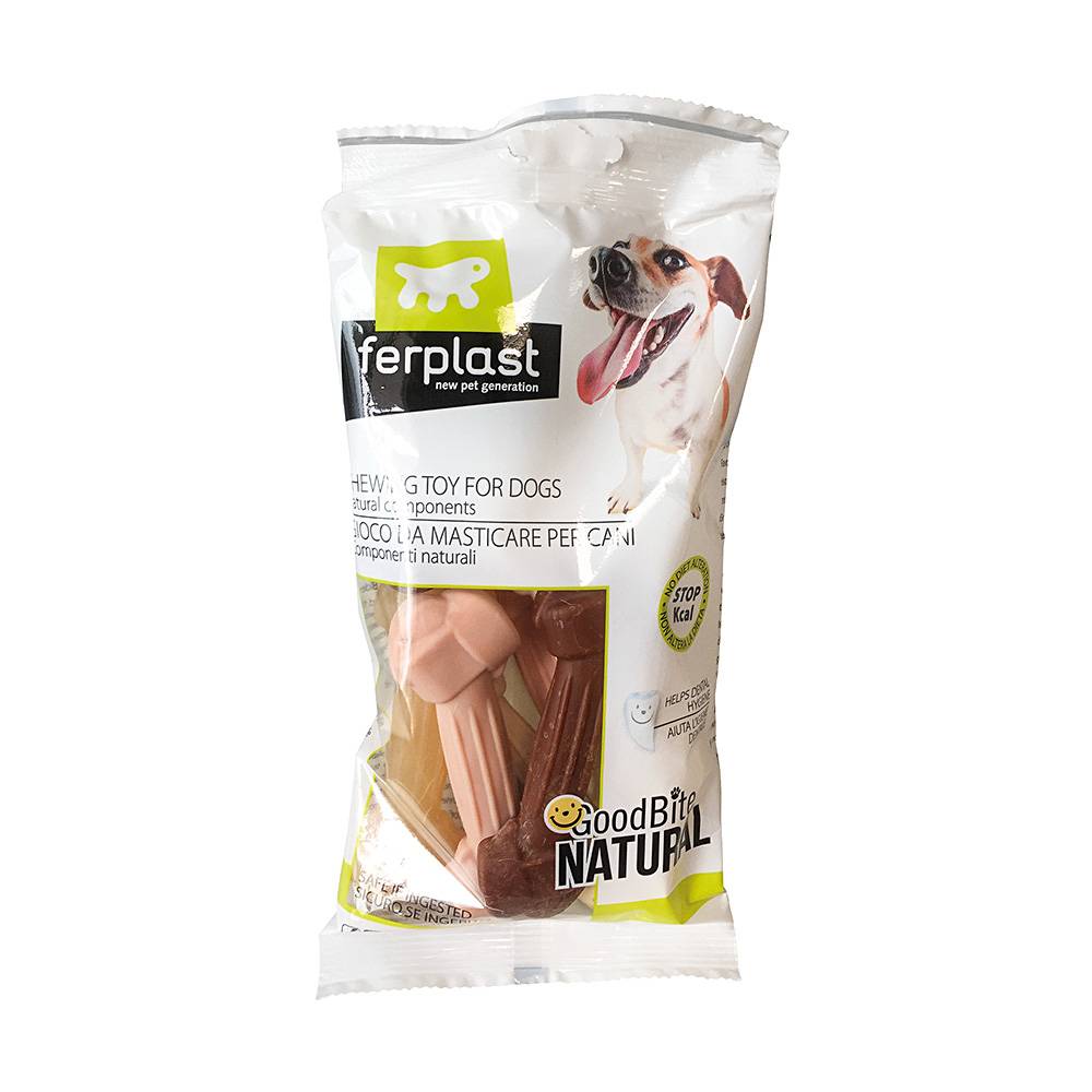 Ferplast - GOODBITE NATURAL S Jouet Os pour l'hygiène dentaire, 4 saveurs poulet boeuf jambon céréales, Chien moyen-petit (5-15 Kg), Naturel, 8 pièces de 40g