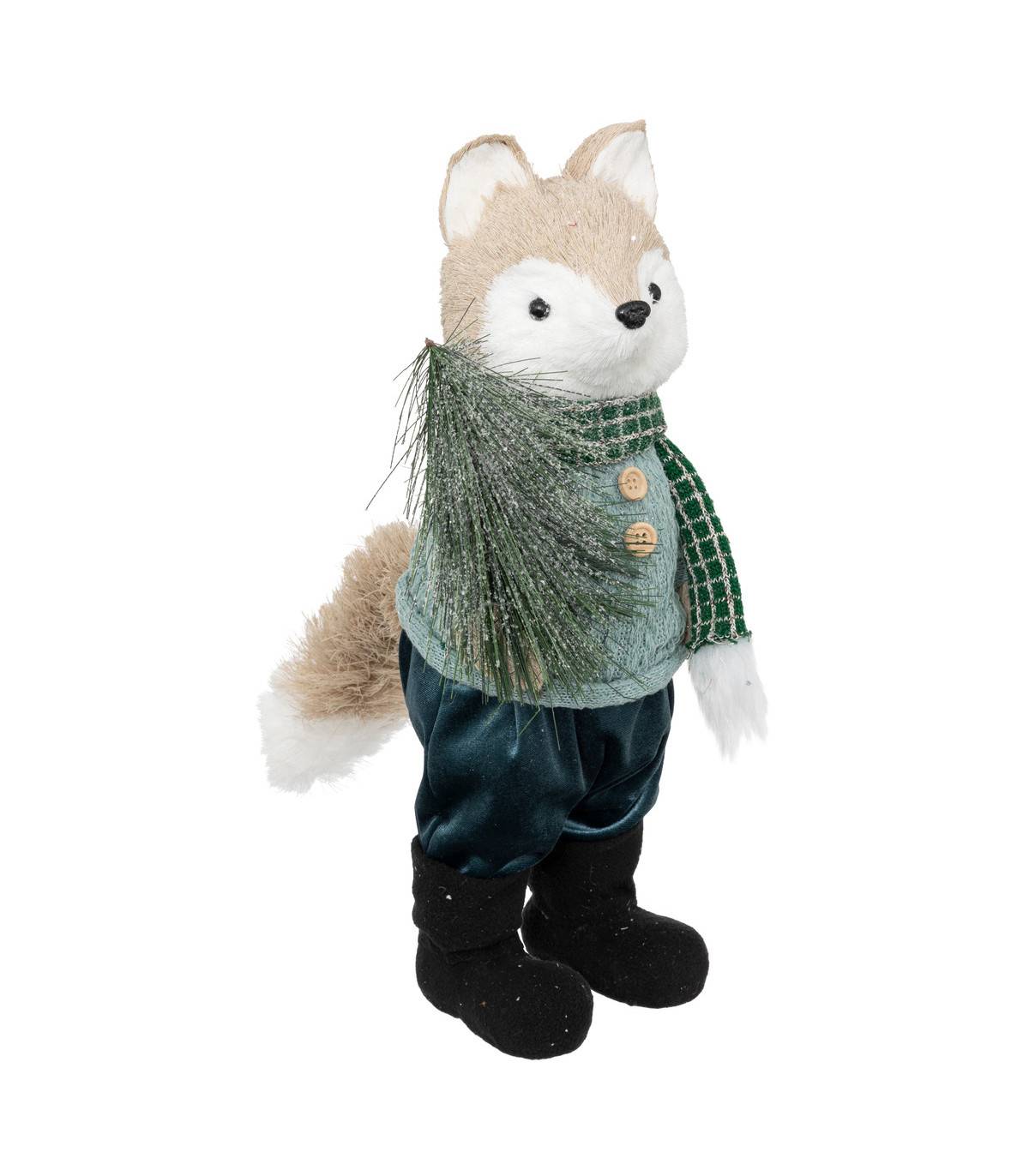 Fééric Lights & Christmas - Déco de Noël Renard habillé Pull Vert et Pantalon Bleu 16 x 16 x H 41 cm