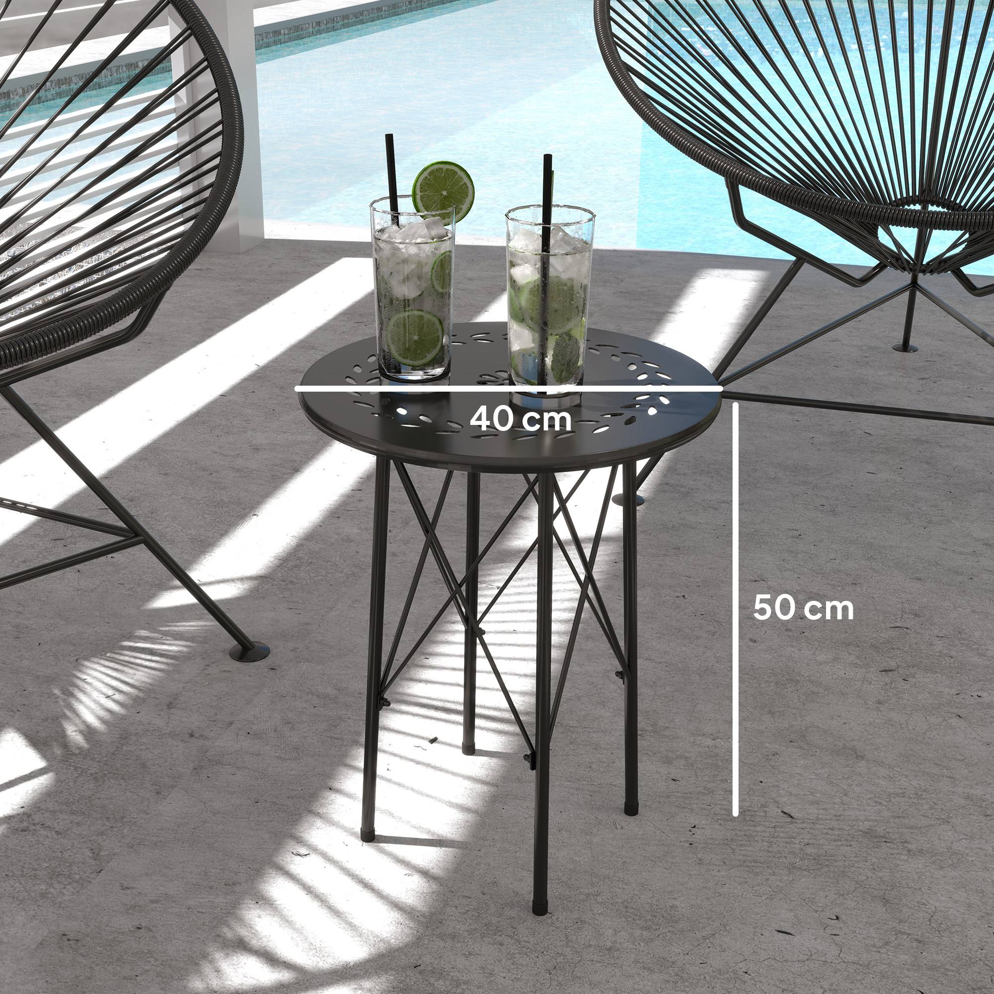 Table noire acier floral pieds réglables structure X Ø40x50cm - Image 5