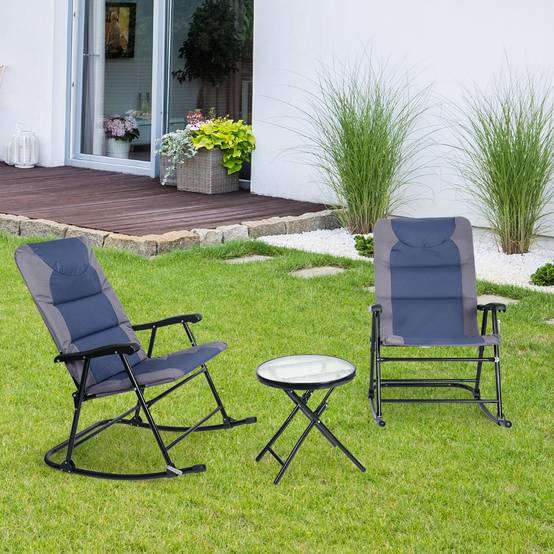Salon de Jardin 2 Personnes Ensemble de Jardin 3 PCS avec 2 Chaises Rembourrés à Bascule et Table en Verre Pliables Bleu - Image 4