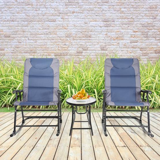 Salon de Jardin 2 Personnes Ensemble de Jardin 3 PCS avec 2 Chaises Rembourrés à Bascule et Table en Verre Pliables Bleu - Image 3