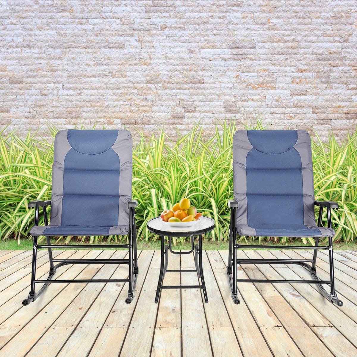 Salon de Jardin 2 Personnes Ensemble de Jardin 3 PCS avec 2 Chaises Rembourrés à Bascule et Table en Verre Pliables Bleu - Image 3