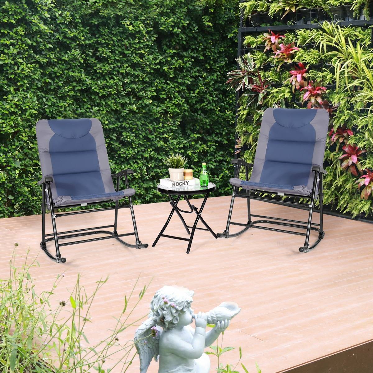 Salon de Jardin 2 Personnes Ensemble de Jardin 3 PCS avec 2 Chaises Rembourrés à Bascule et Table en Verre Pliables Bleu - Image 2