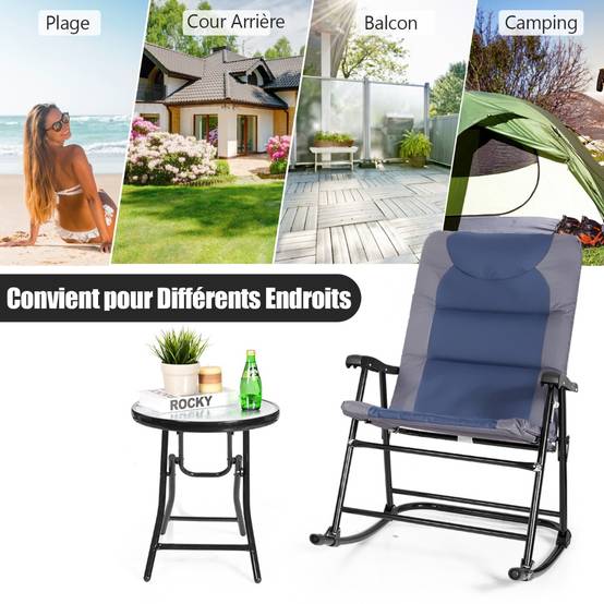 Salon de Jardin 2 Personnes Ensemble de Jardin 3 PCS avec 2 Chaises Rembourrés à Bascule et Table en Verre Pliables Bleu - Image 8