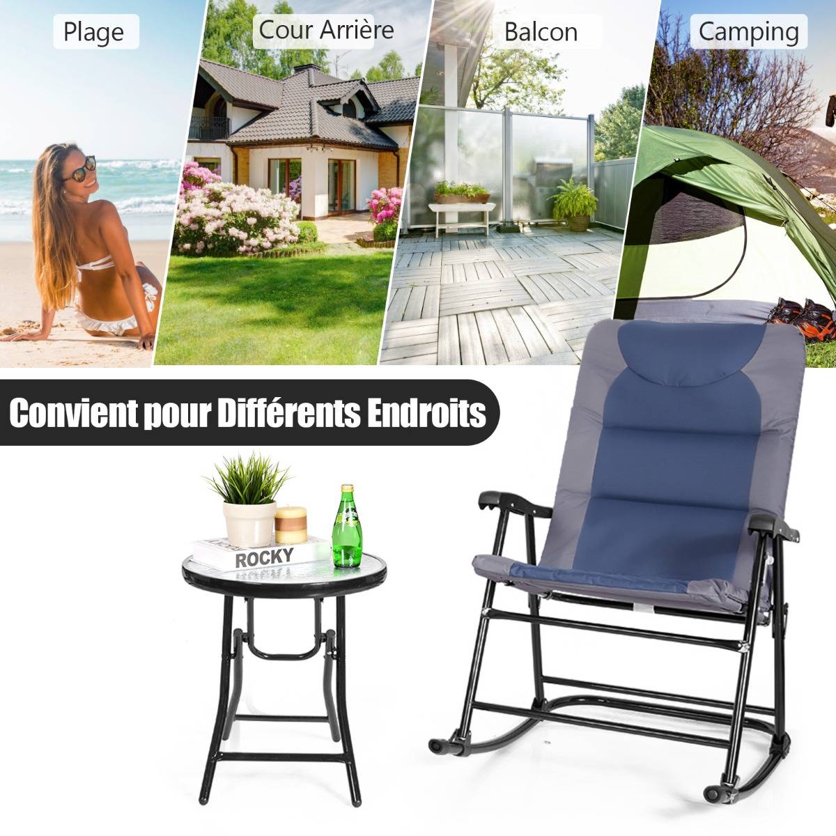 Salon de Jardin 2 Personnes Ensemble de Jardin 3 PCS avec 2 Chaises Rembourrés à Bascule et Table en Verre Pliables Bleu - Image 8