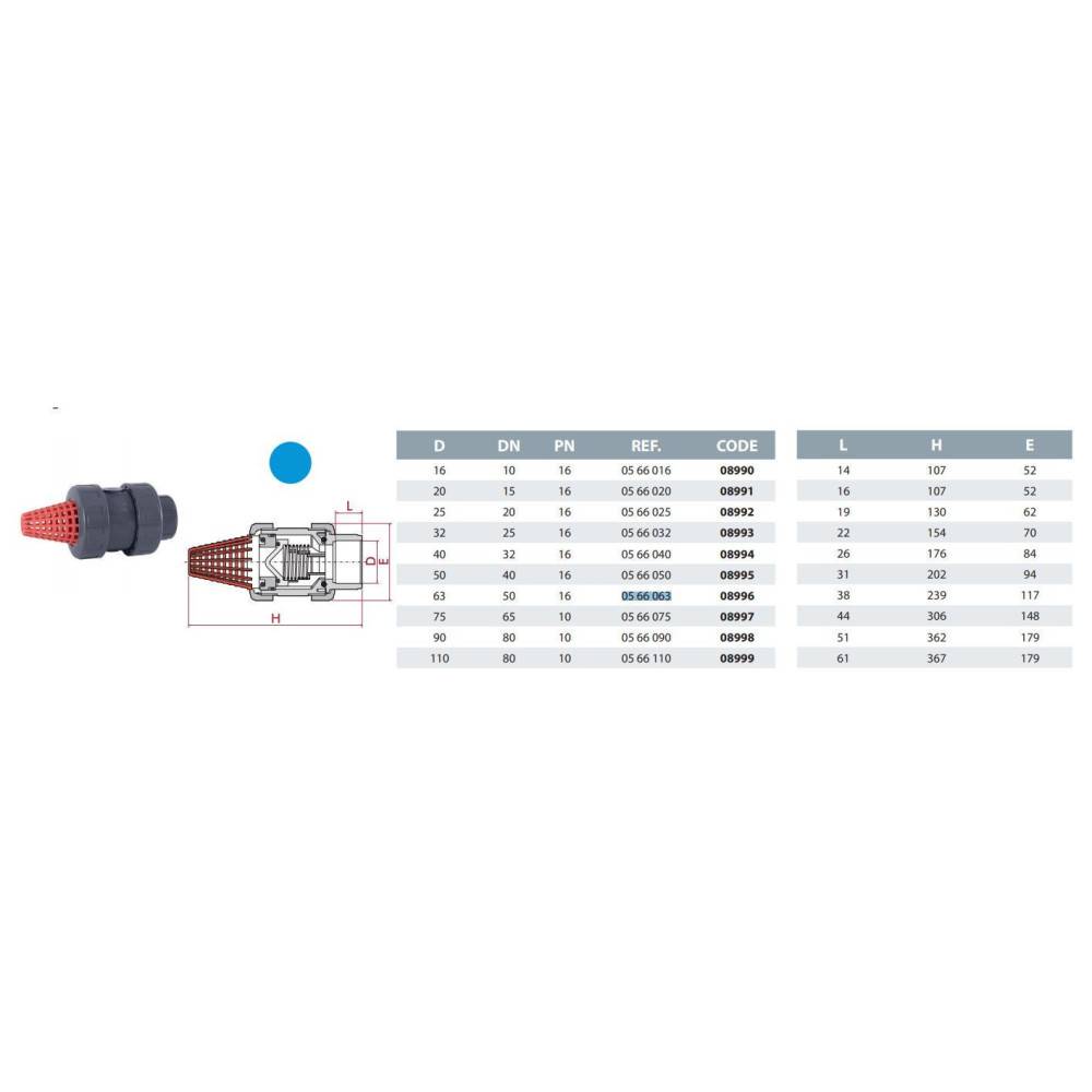 ø63 mm, Clapet crépine à ressort en PVC pression. - Imagen 3