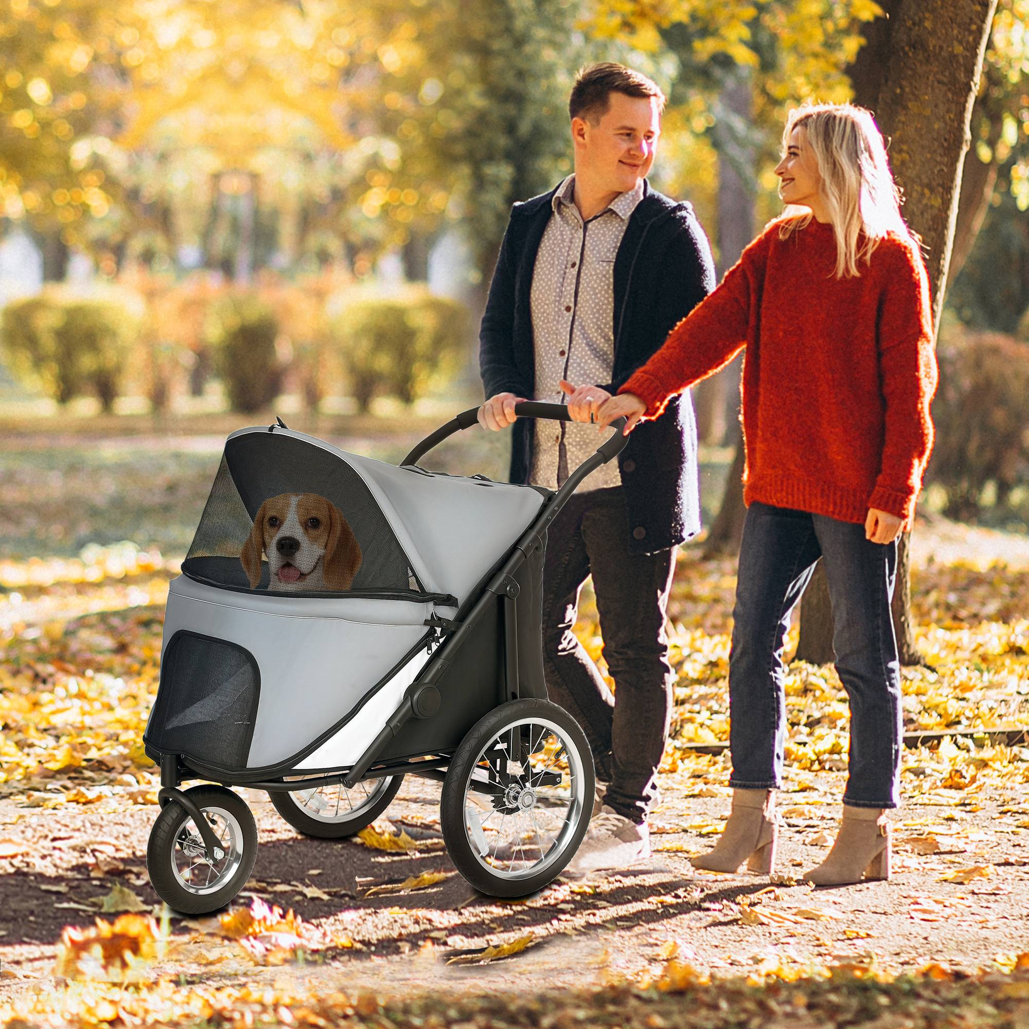 Sans Marque - Poussette chien 3 roues pliage facile sac rangement coussin souple laisse sécurité gris - Image 4