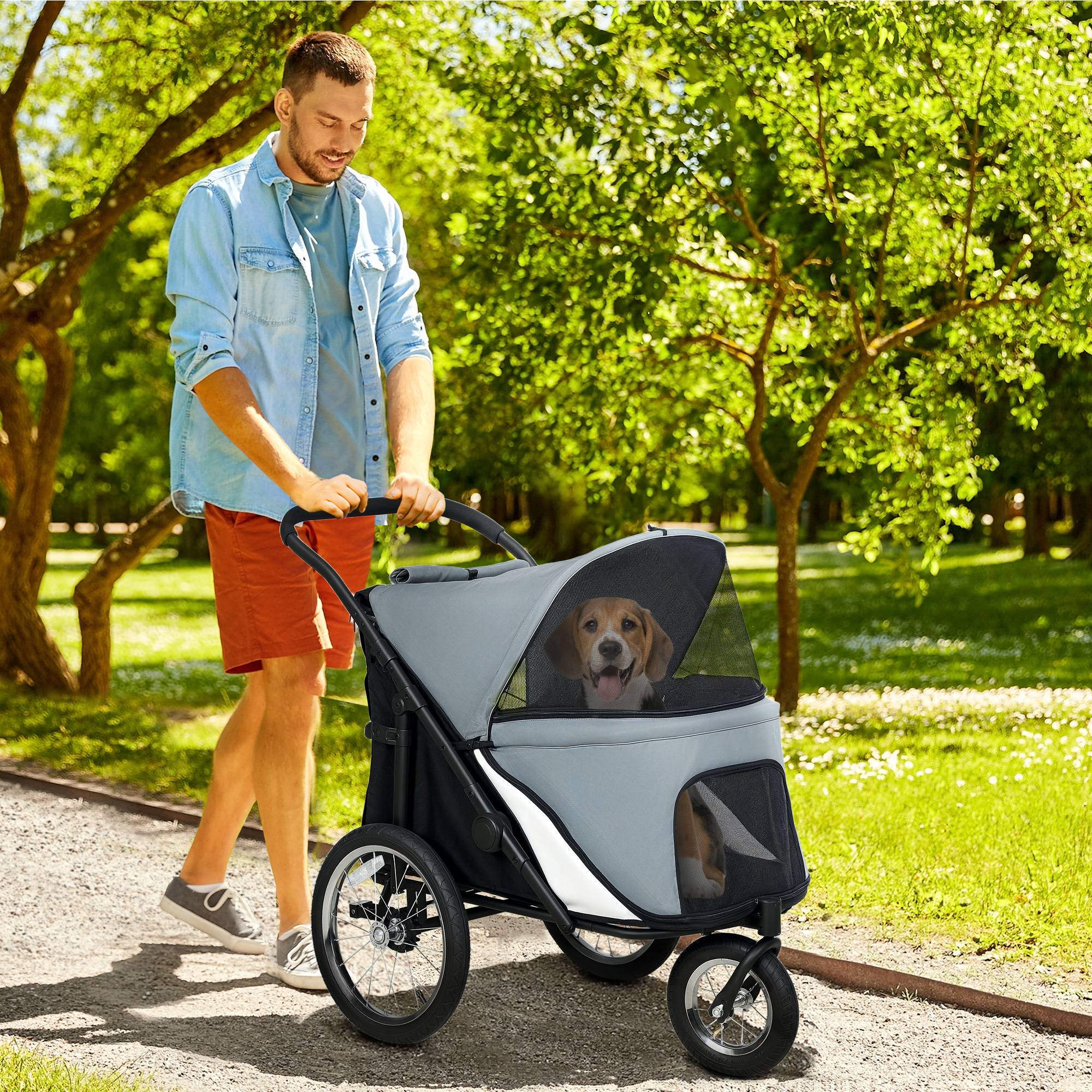 Sans Marque - Poussette chien 3 roues pliage facile sac rangement coussin souple laisse sécurité gris - Image 3