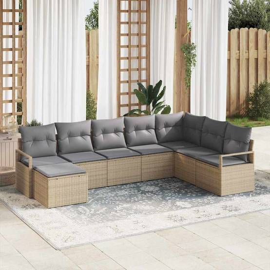 Ensemble de jardin 8 pièces en polyrotin avec pieds ajustables et pouf Beige – ComfortXL Outdoor Living - Image 1
