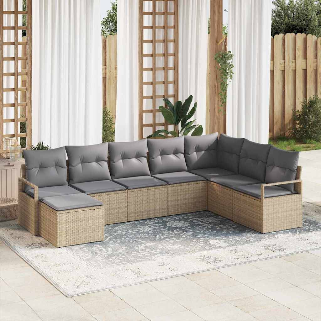 Ensemble de jardin 8 pièces en polyrotin avec pieds ajustables et pouf Beige – ComfortXL Outdoor Living - Image 1