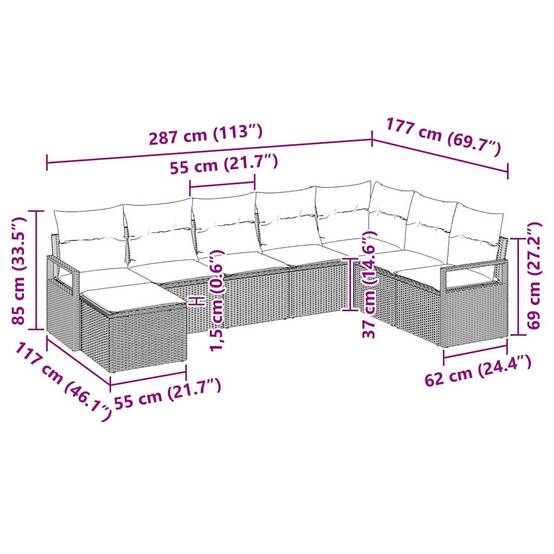 Ensemble de jardin 8 pièces en polyrotin avec pieds ajustables et pouf Beige – ComfortXL Outdoor Living - Image 9