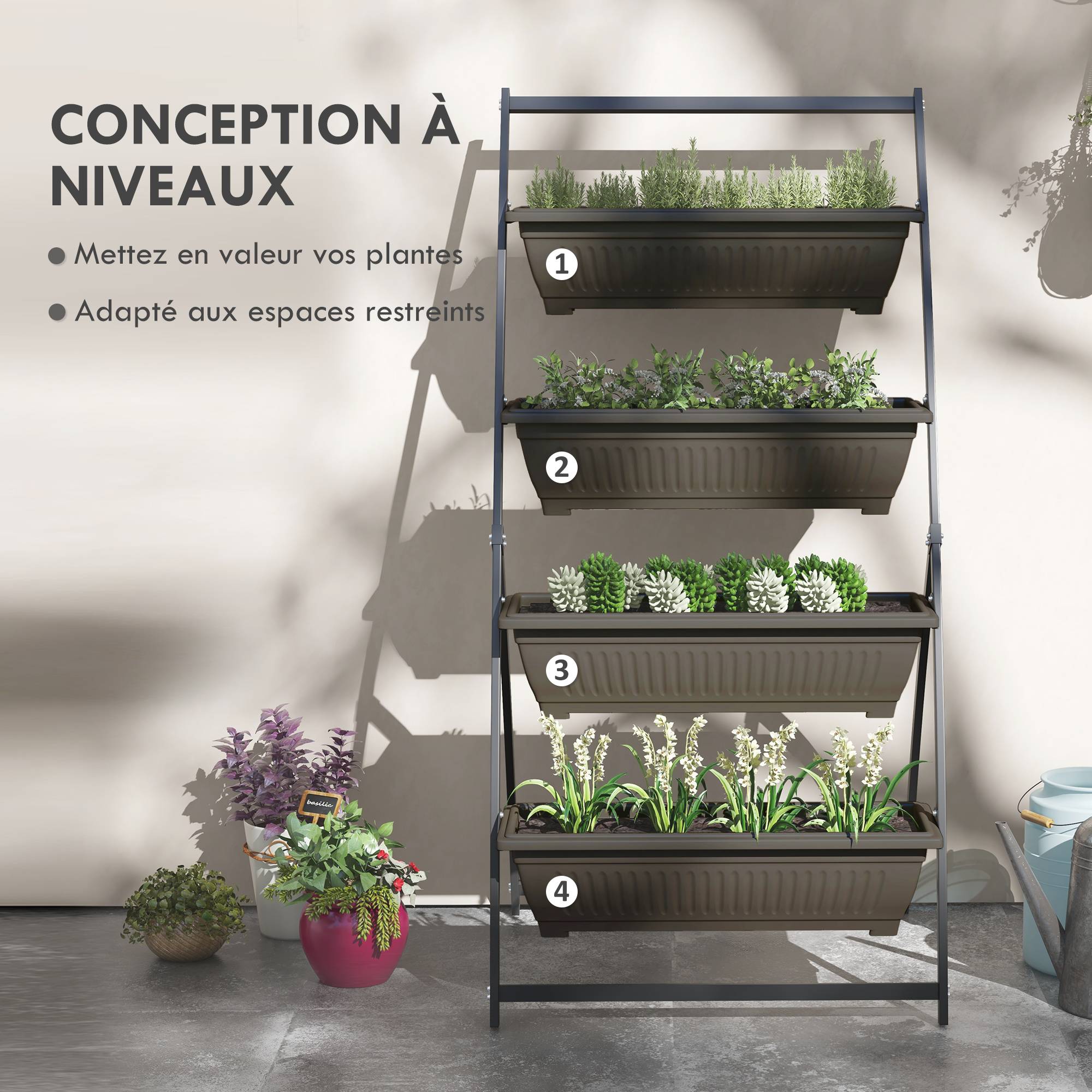 Sans Marque - Étagère à Fleurs en Acier 4 Niveaux, Support de Plantes Vertical avec 4 Bacs et Trous de Drainage, 76x79x162cm, Marron - Image 6