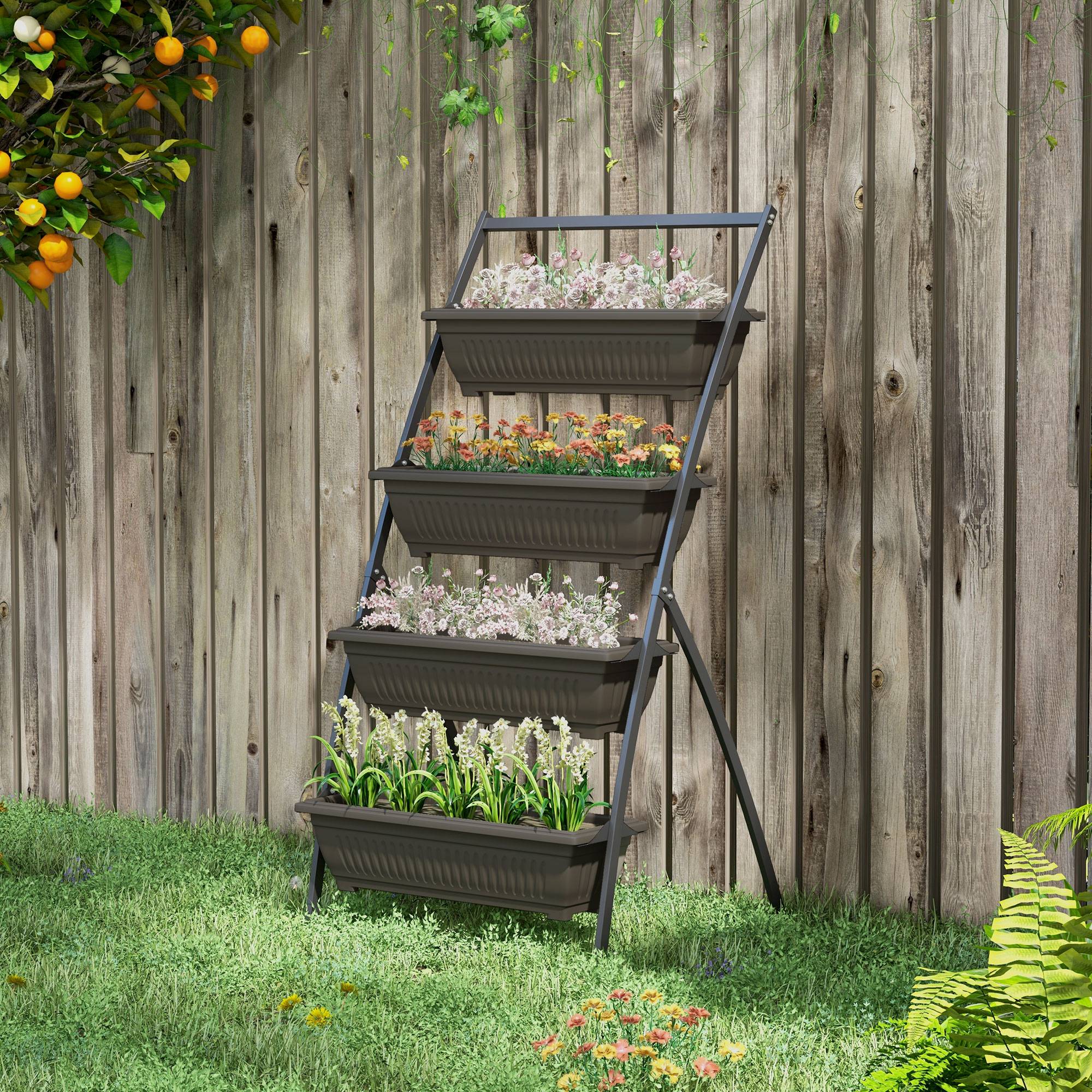 Sans Marque - Étagère à Fleurs en Acier 4 Niveaux, Support de Plantes Vertical avec 4 Bacs et Trous de Drainage, 76x79x162cm, Marron - Image 4