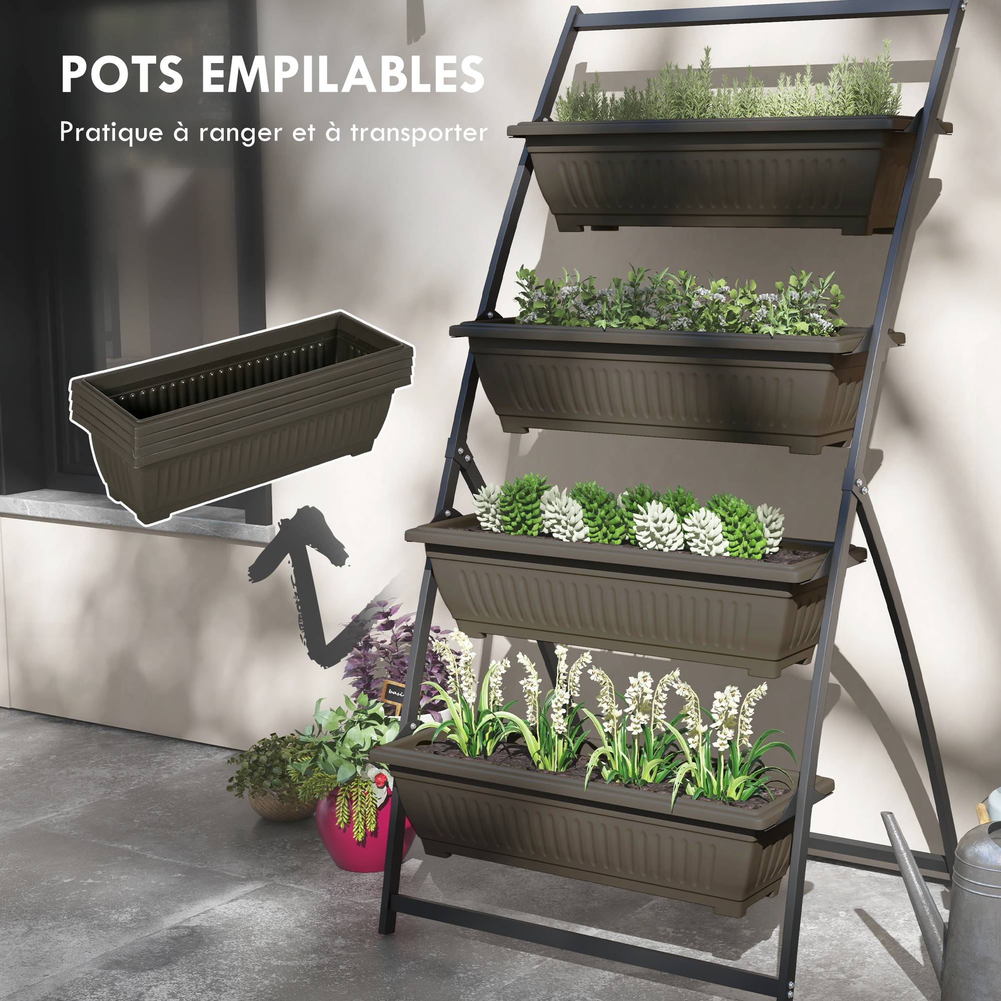 Sans Marque - Étagère à Fleurs en Acier 4 Niveaux, Support de Plantes Vertical avec 4 Bacs et Trous de Drainage, 76x79x162cm, Marron - Image 9