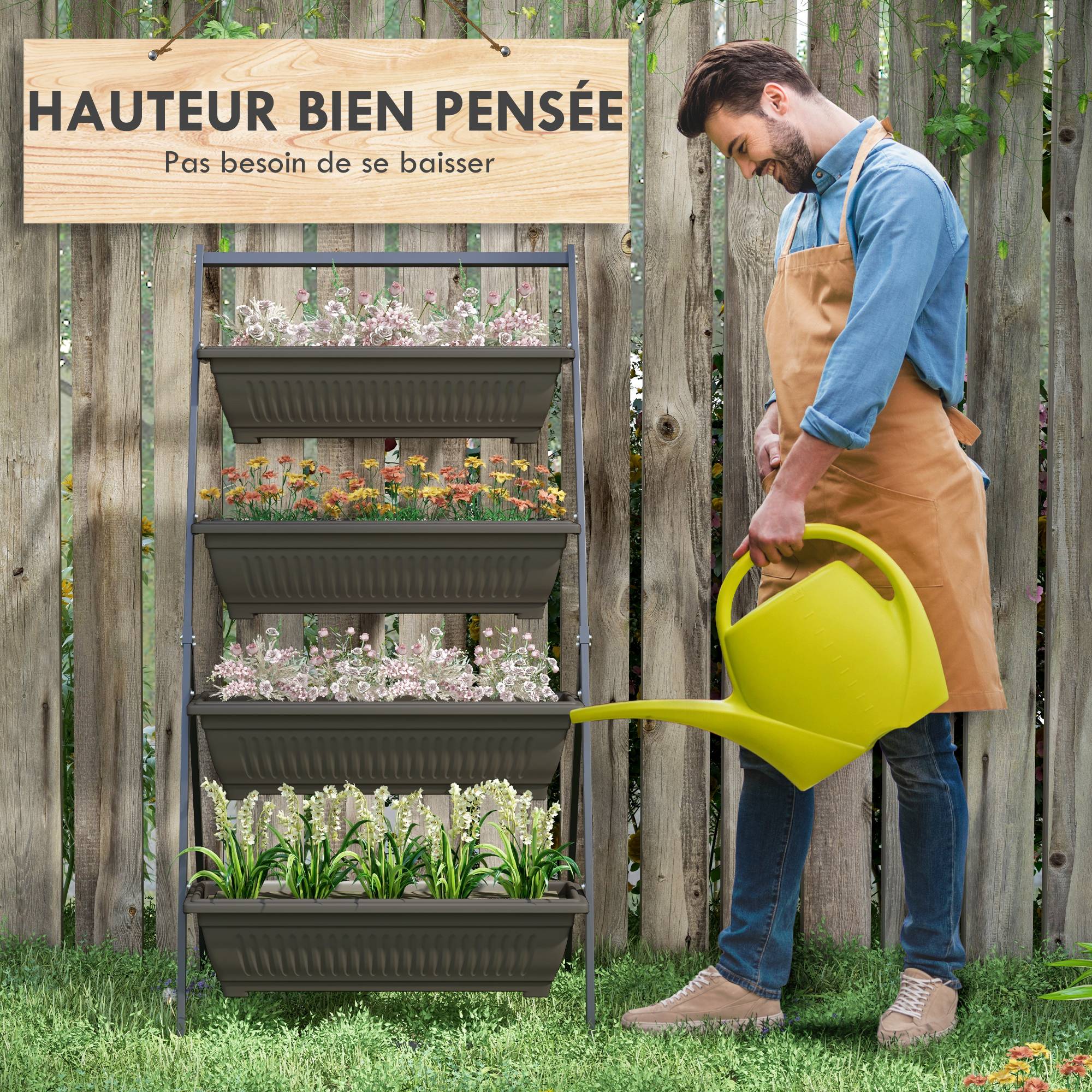 Sans Marque - Étagère à Fleurs en Acier 4 Niveaux, Support de Plantes Vertical avec 4 Bacs et Trous de Drainage, 76x79x162cm, Marron - Image 7