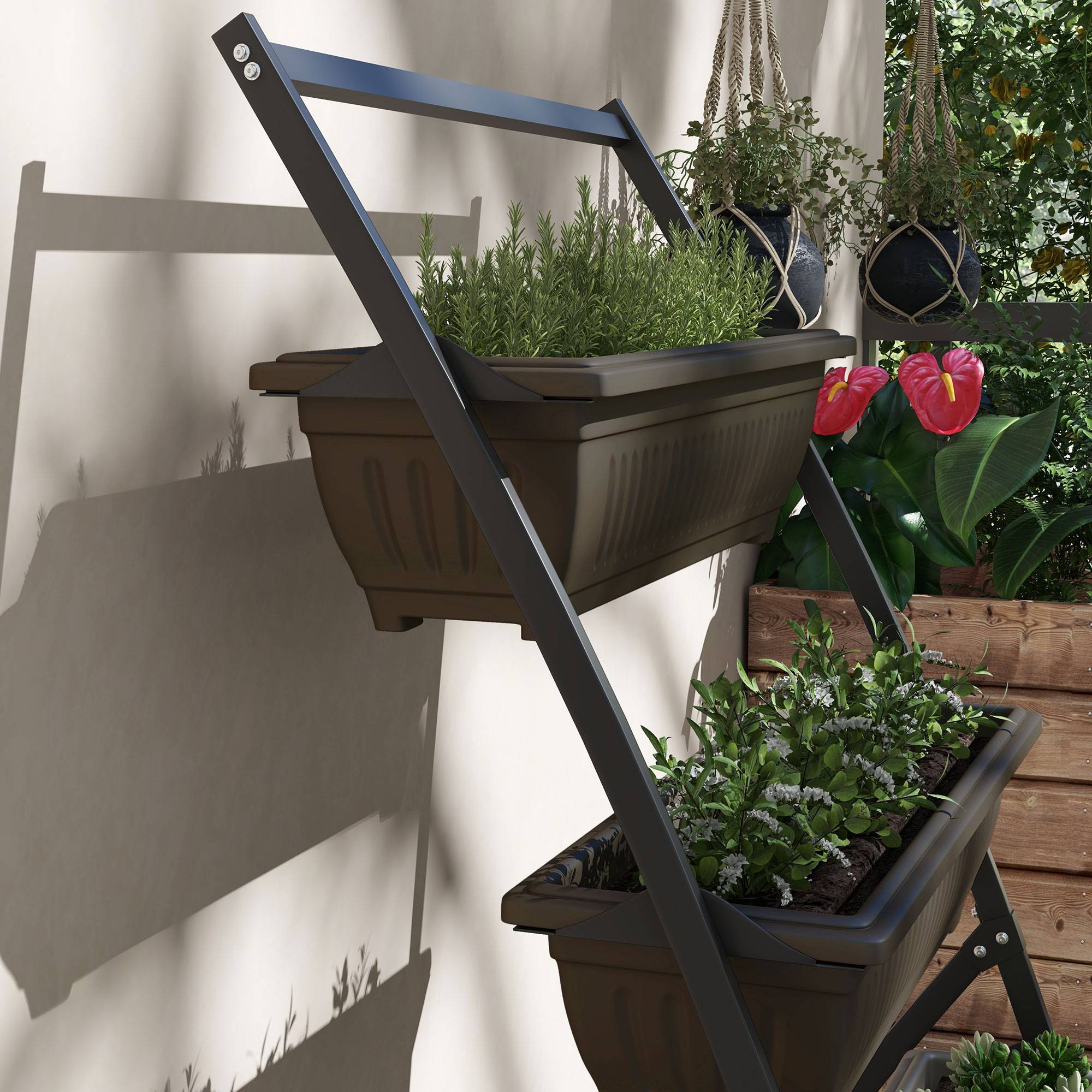Sans Marque - Étagère à Fleurs en Acier 4 Niveaux, Support de Plantes Vertical avec 4 Bacs et Trous de Drainage, 76x79x162cm, Marron - Image 10