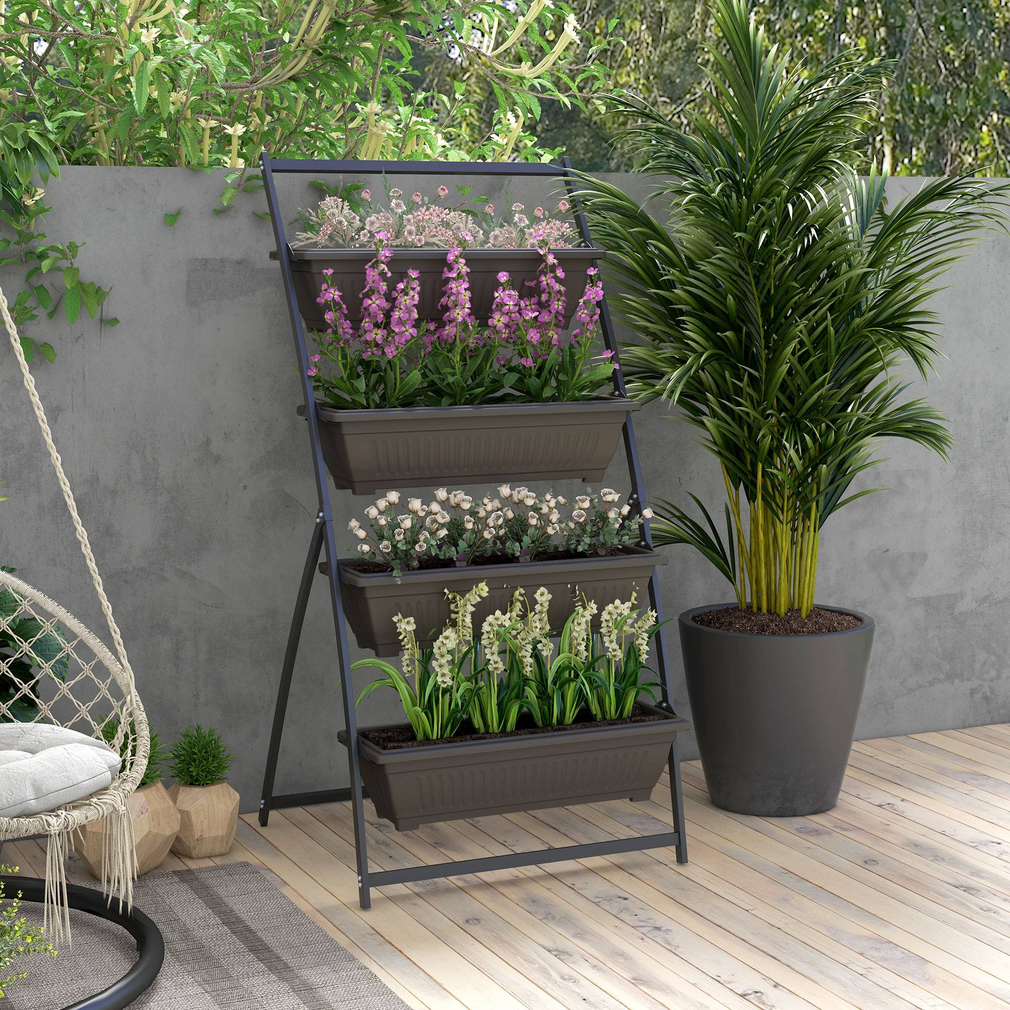 Sans Marque - Étagère à Fleurs en Acier 4 Niveaux, Support de Plantes Vertical avec 4 Bacs et Trous de Drainage, 76x79x162cm, Marron - Image 3