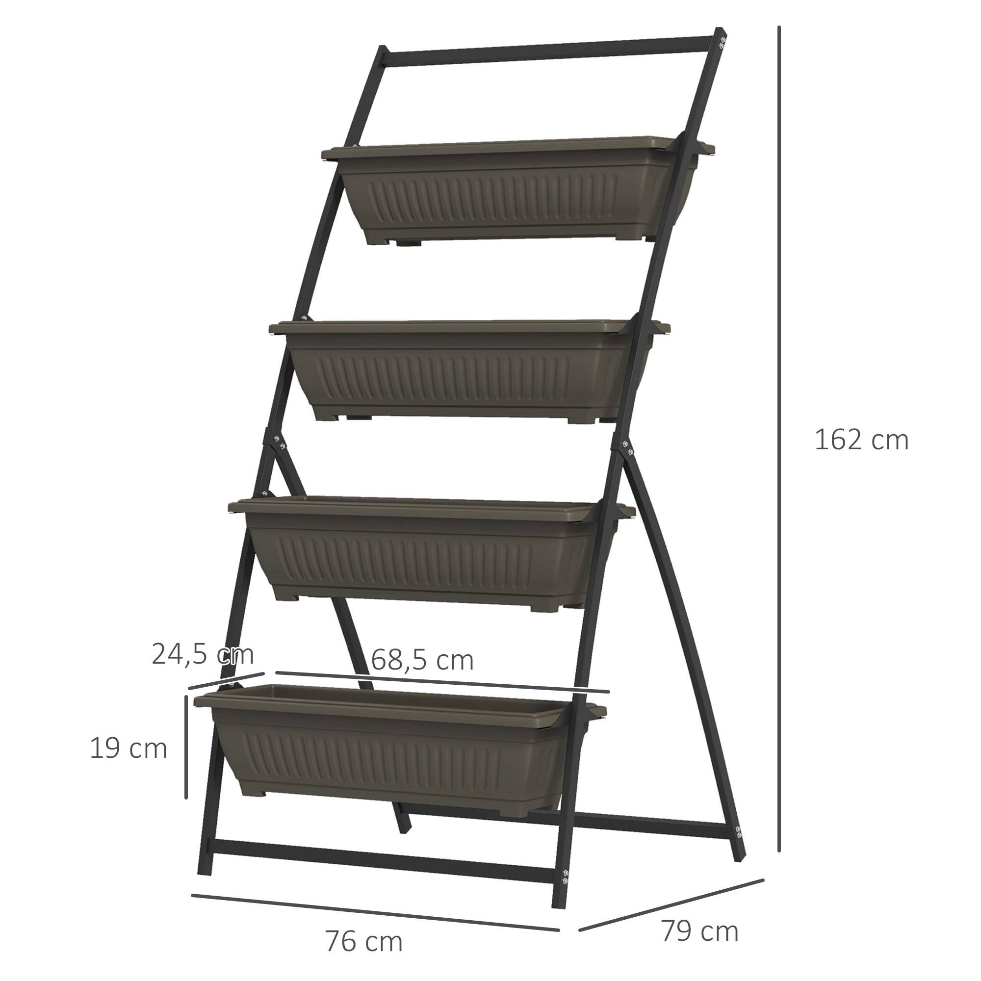 Sans Marque - Étagère à Fleurs en Acier 4 Niveaux, Support de Plantes Vertical avec 4 Bacs et Trous de Drainage, 76x79x162cm, Marron - Image 5