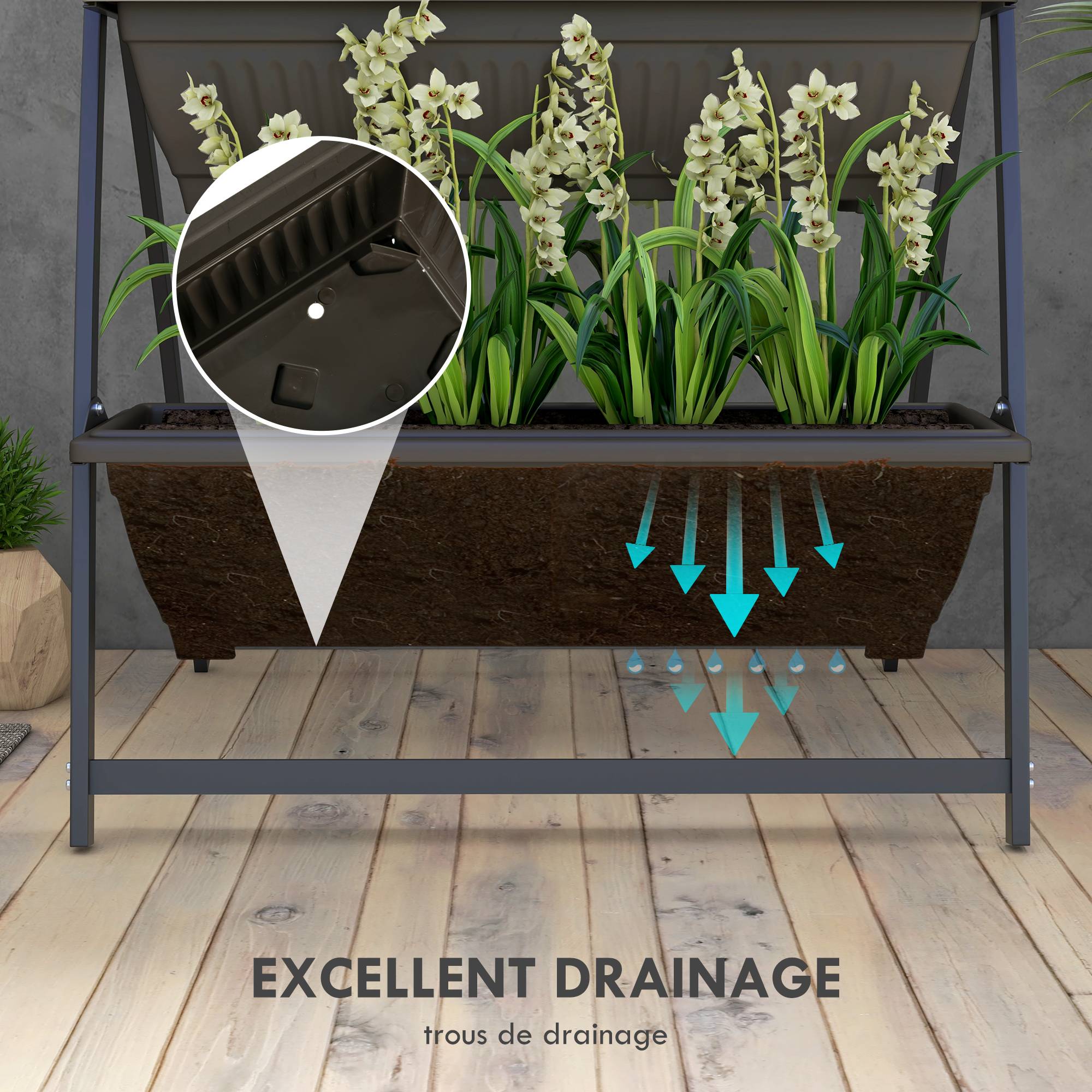 Sans Marque - Étagère à Fleurs en Acier 4 Niveaux, Support de Plantes Vertical avec 4 Bacs et Trous de Drainage, 76x79x162cm, Marron - Image 8