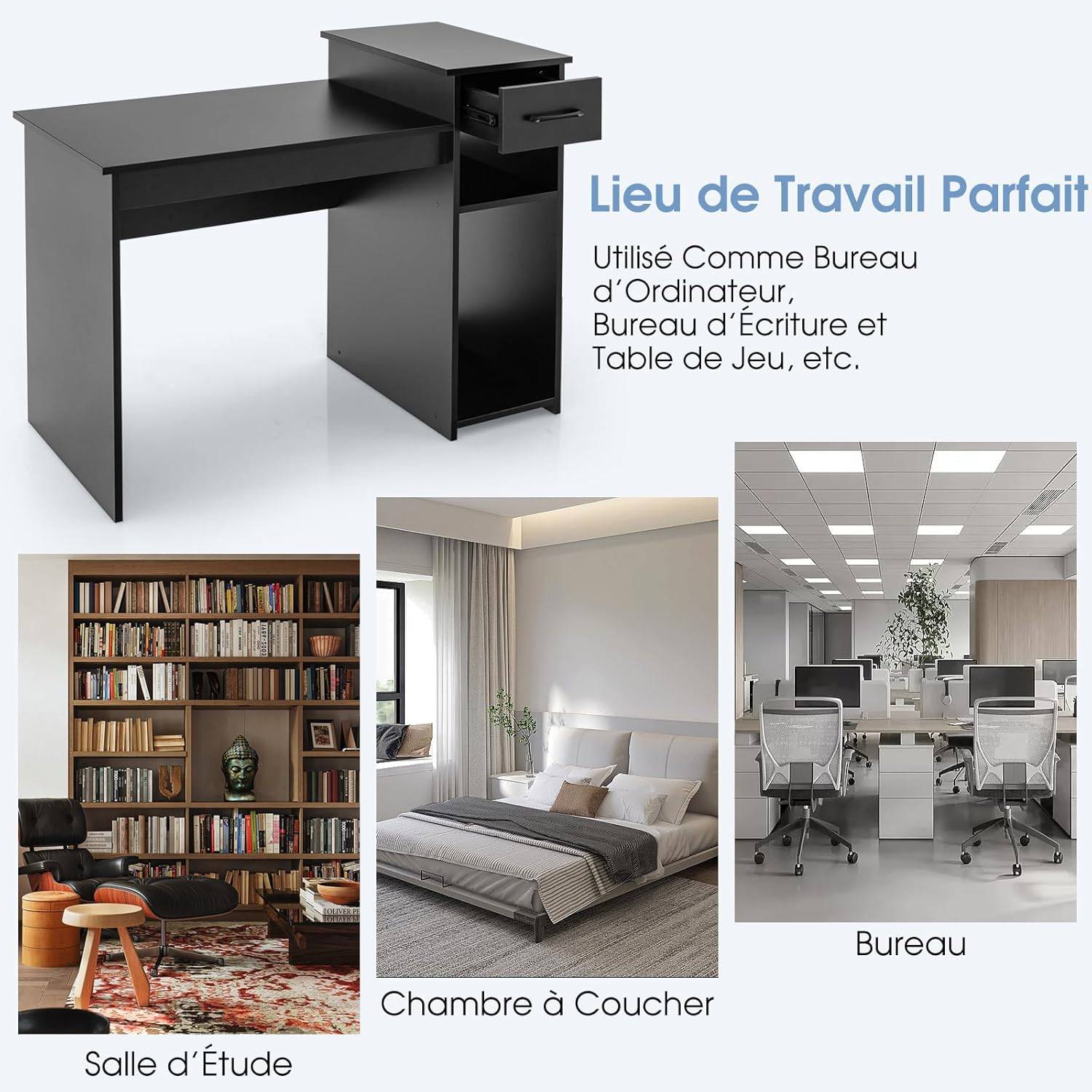 Bureau Informatique avec Tiroir et Support PC, 102 x 50 x 82 cm (Noir) - Image 3