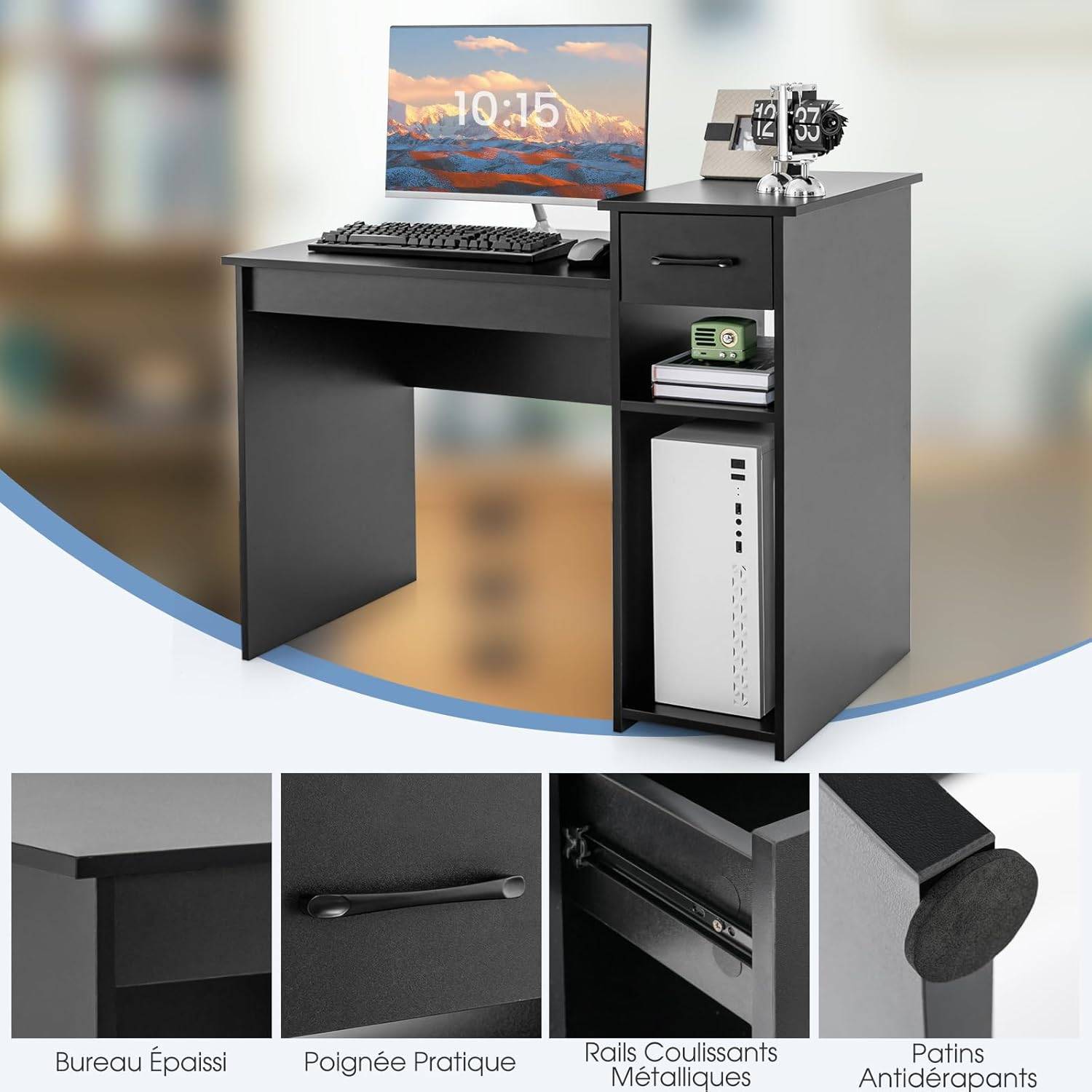 Bureau Informatique avec Tiroir et Support PC, 102 x 50 x 82 cm (Noir) - Image 2