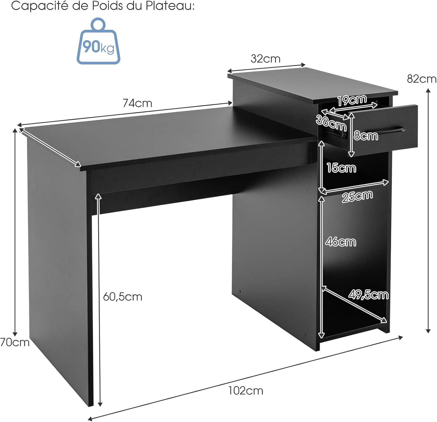 Bureau Informatique avec Tiroir et Support PC, 102 x 50 x 82 cm (Noir) - Image 7