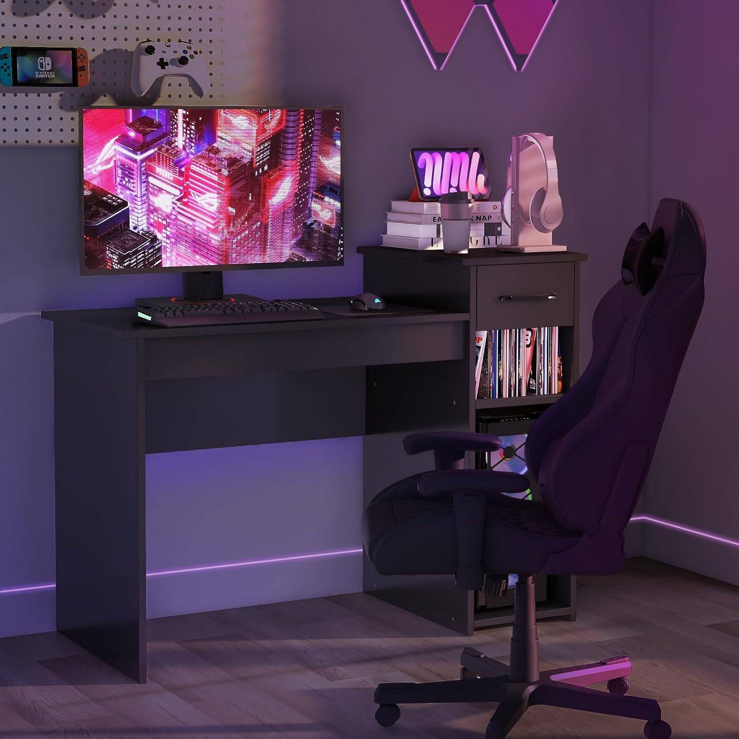 Bureau Informatique avec Tiroir et Support PC, 102 x 50 x 82 cm (Noir) - Image 5