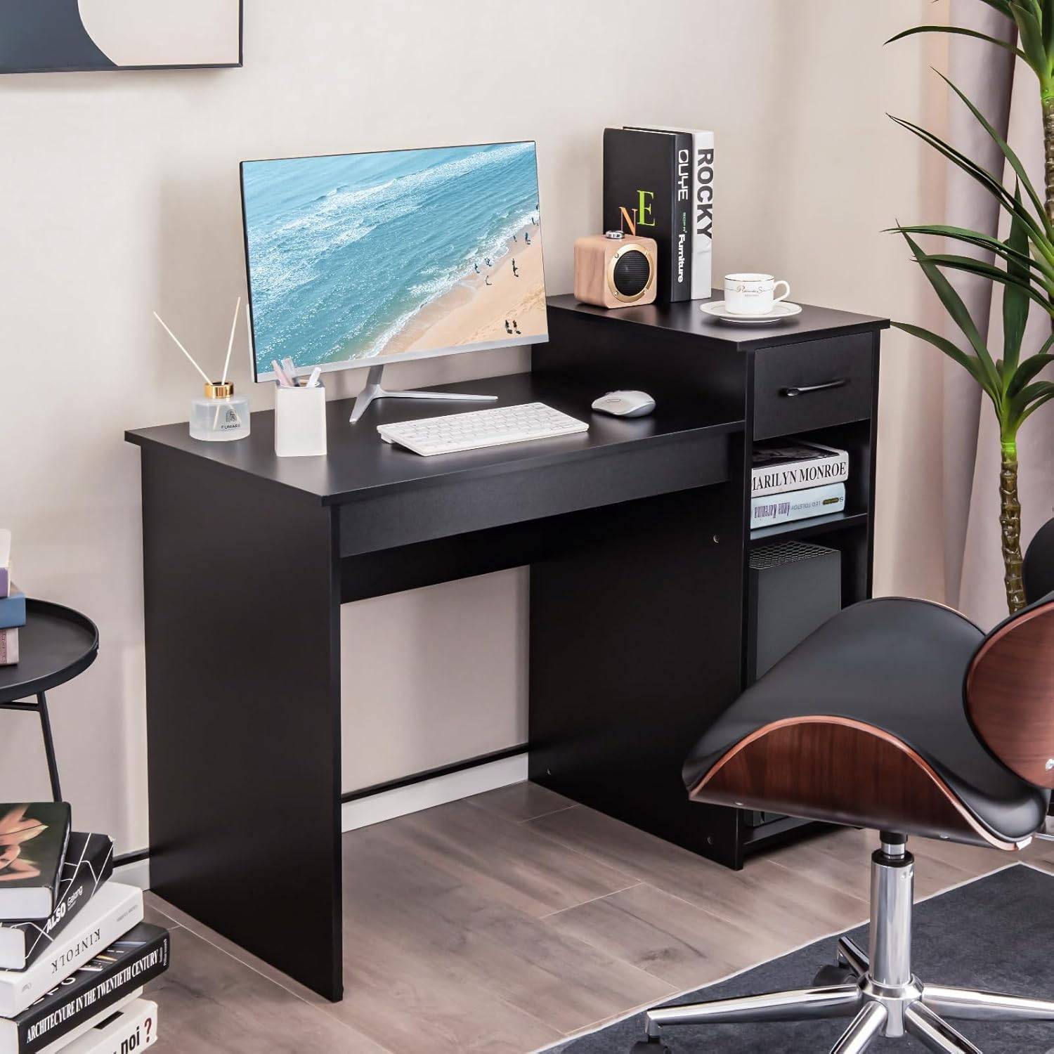 Bureau Informatique avec Tiroir et Support PC, 102 x 50 x 82 cm (Noir) - Image 9
