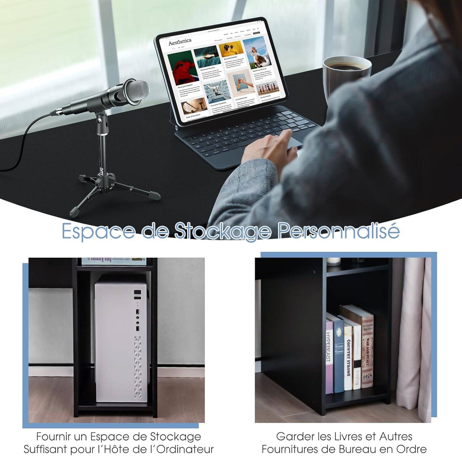 Bureau Informatique avec Tiroir et Support PC, 102 x 50 x 82 cm (Noir) - Image 4