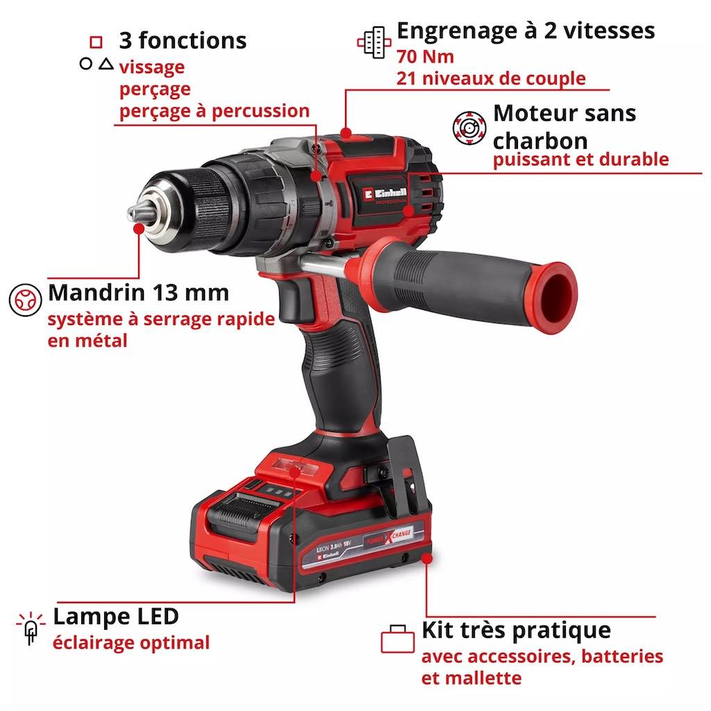 Einhell - Perceuse-visseuse à percussion sans fil – TP-CD 18/70 Li-i BL +70 – 70 Nm – 2 batteries + accessoires – Power X-Change - Image 3