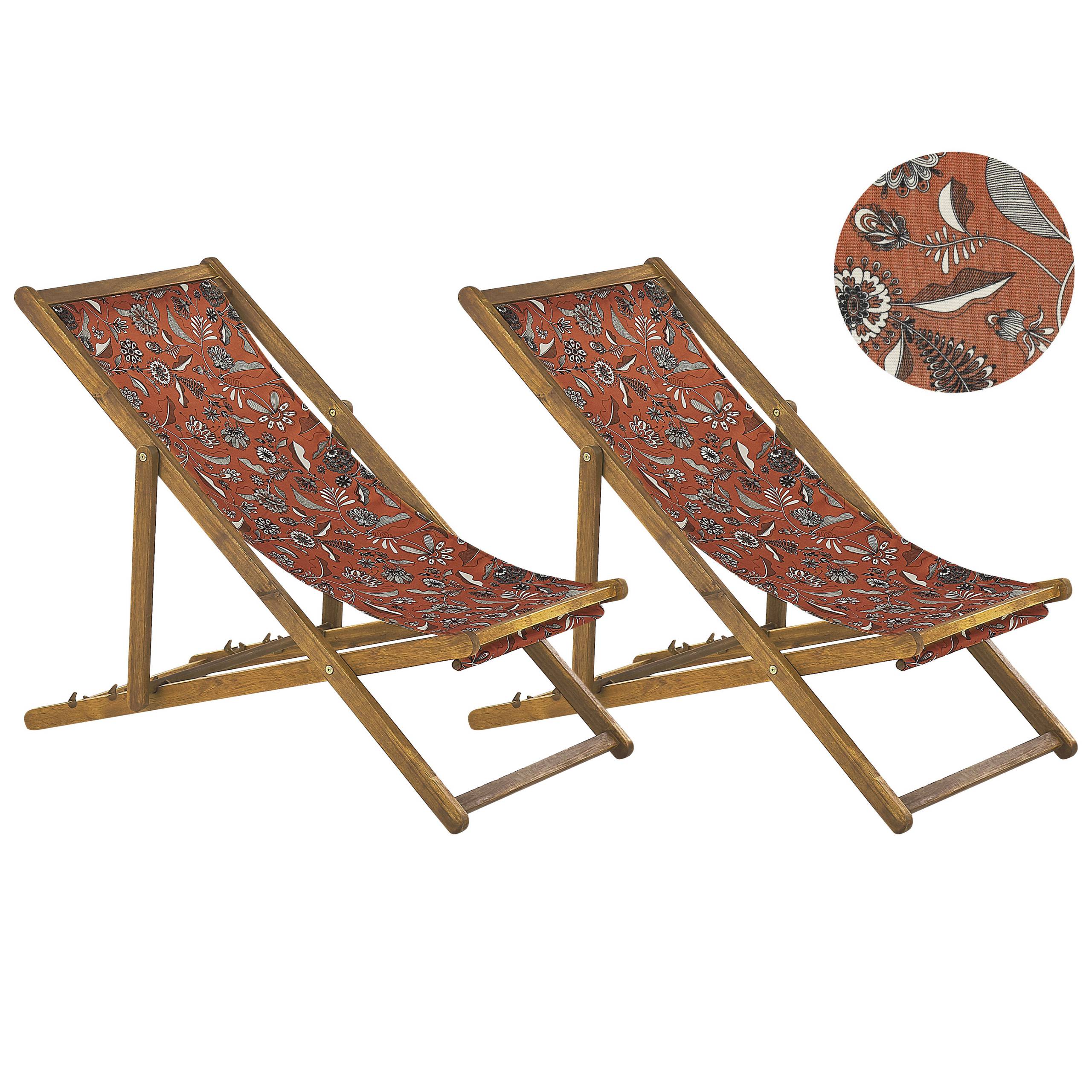 Beliani - 2 Transats Chiliennes Pliantes et Réglables en Bois d'Acacia Clair et Textile Motif Fleurs Rouges avec Toiles de Remplacement - Imagen 1