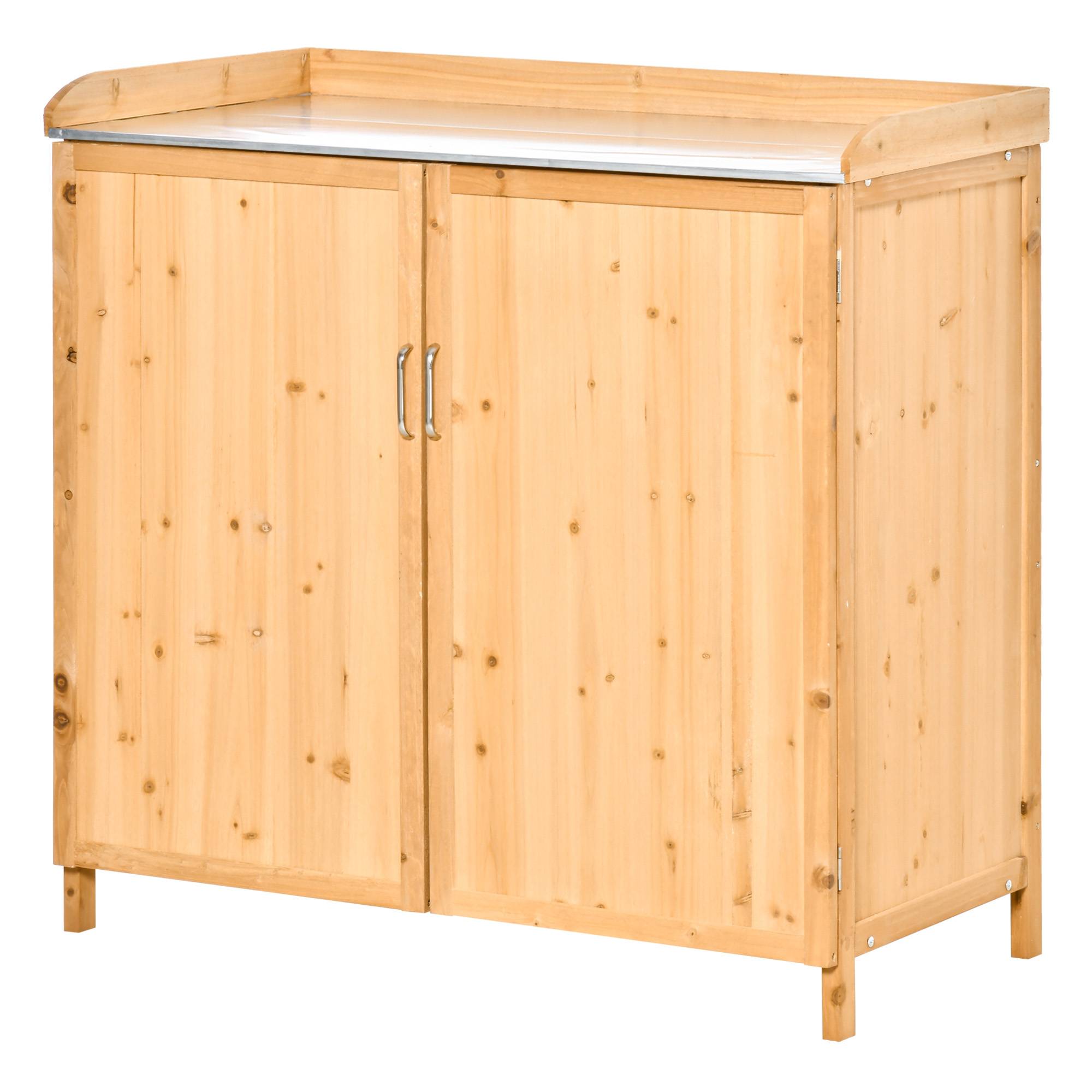 Armoire de Jardin sur Pied 2 en 1 avec Table de Rempotage, Double Porte, Plateau Acier Galvanisé, Bois de Cèdre - Image 1