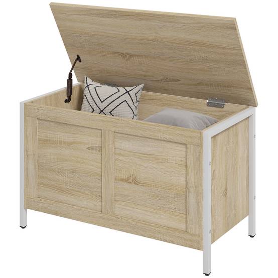 Coffre rangement 95 L chêne avec charnière sécurité, banc coffre multifonction chambre entrée salon 80x40x50 cm moderne - Image 2