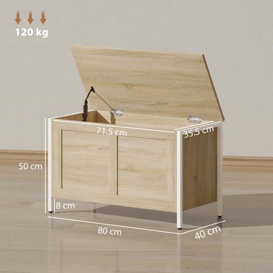 Coffre rangement 95 L chêne avec charnière sécurité, banc coffre multifonction chambre entrée salon 80x40x50 cm moderne - Image 5
