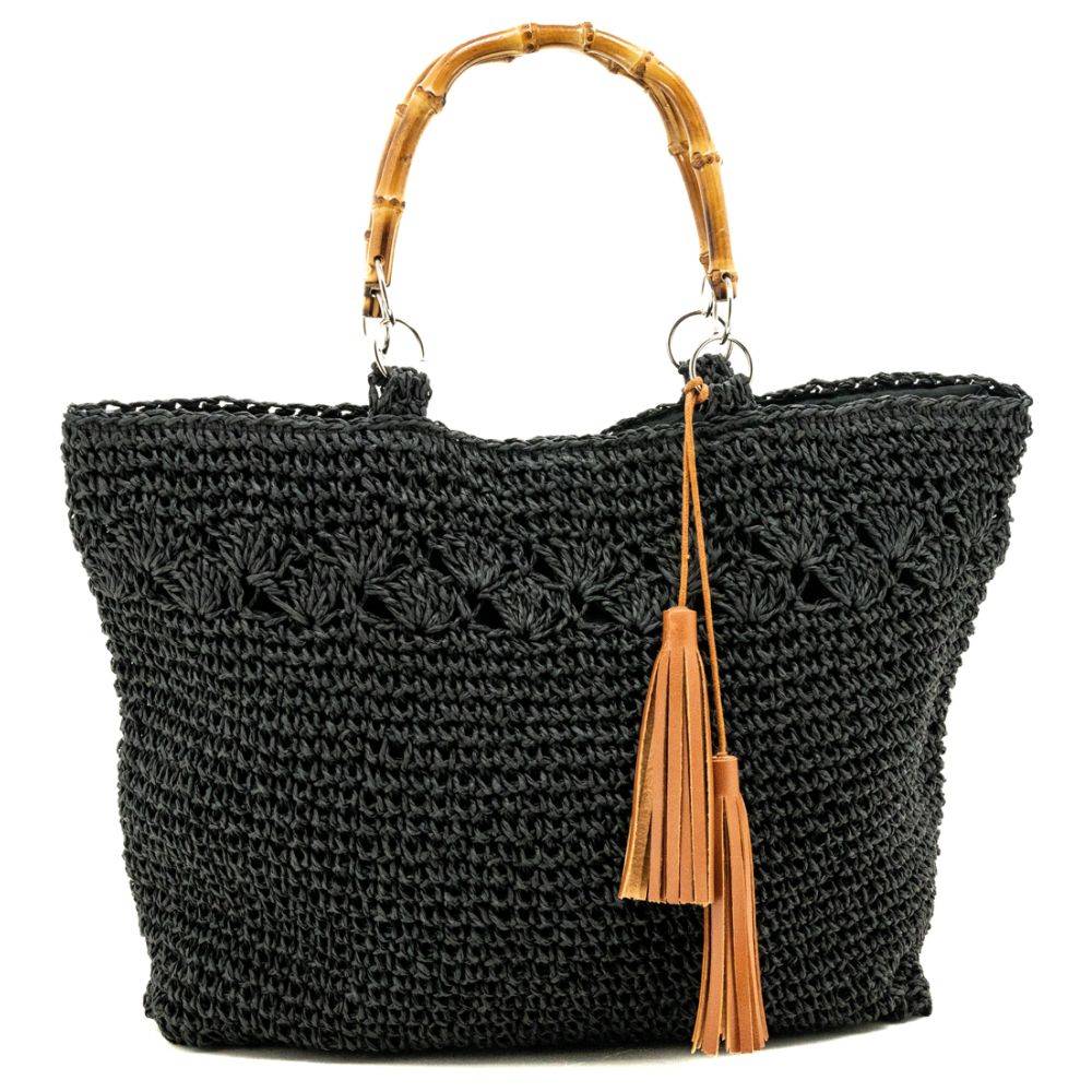 Aubry Gaspard - Sac tressé noir avec anse en bambou - Imagen 2